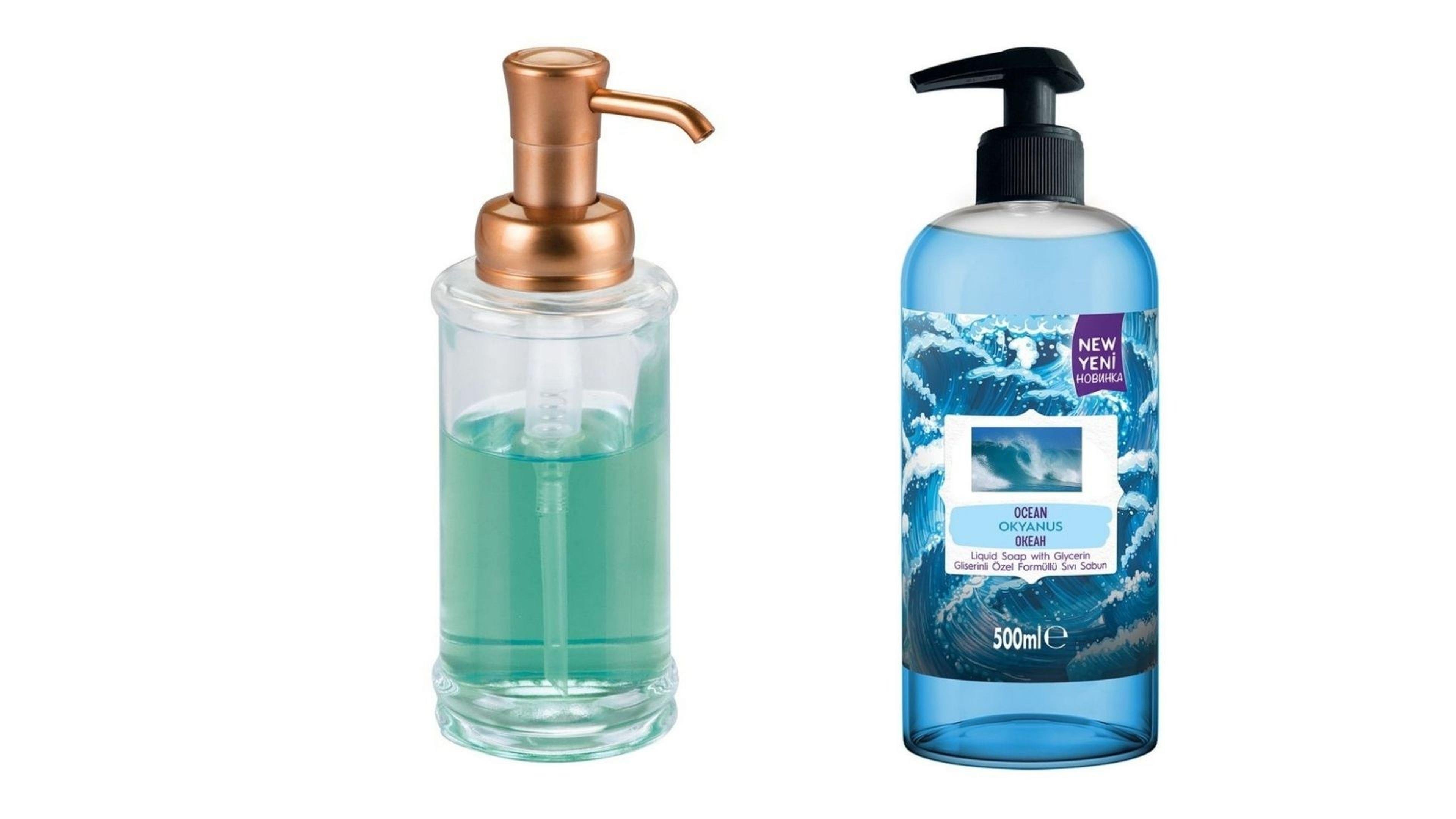 Bakır Renk Pompalı Cam Sıvı Sabunluk Ve 1 Adet 400 ml Sıvı Sabun Okyanus Kokulu