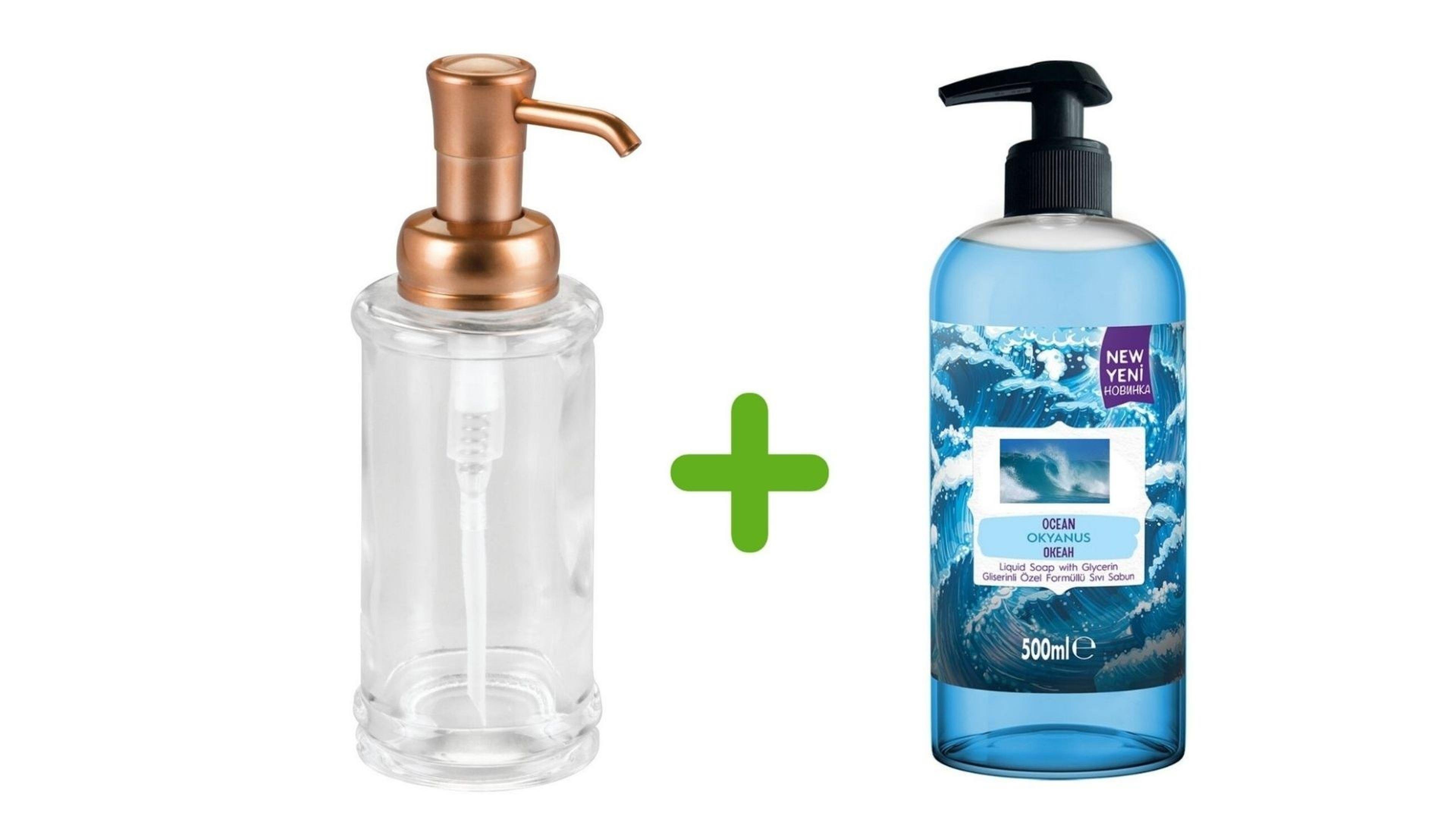 Bakır Renk Pompalı Cam Sıvı Sabunluk Ve 1 Adet 400 ml Sıvı Sabun Okyanus Kokulu