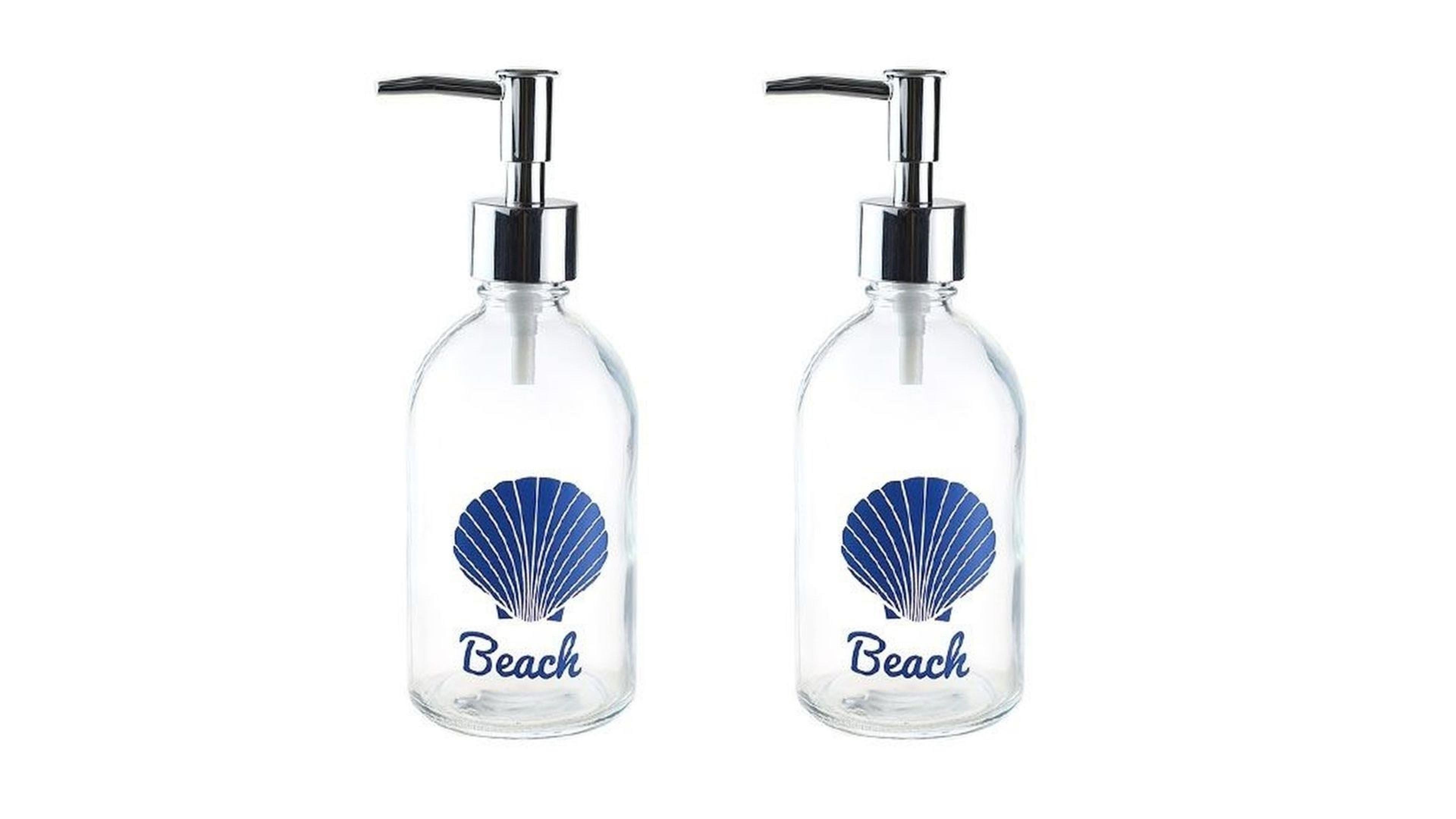 Banyo Seti Cam Sıvı Sabunluk 2 Adet,Plaj Yazılı 6x6x10cm 250ml