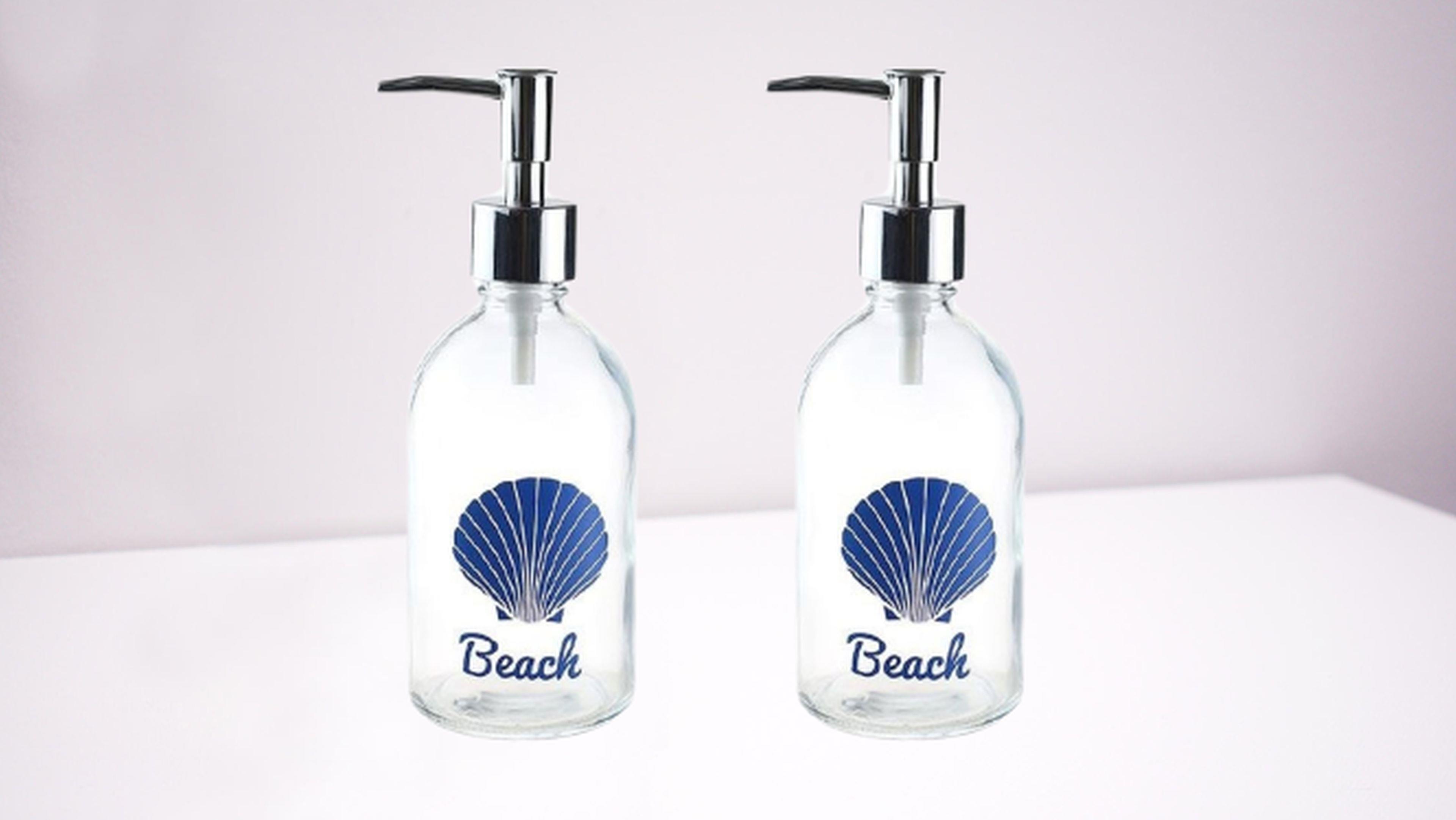 Banyo Seti Cam Sıvı Sabunluk 2 Adet,Plaj Yazılı 6x6x10cm 250ml