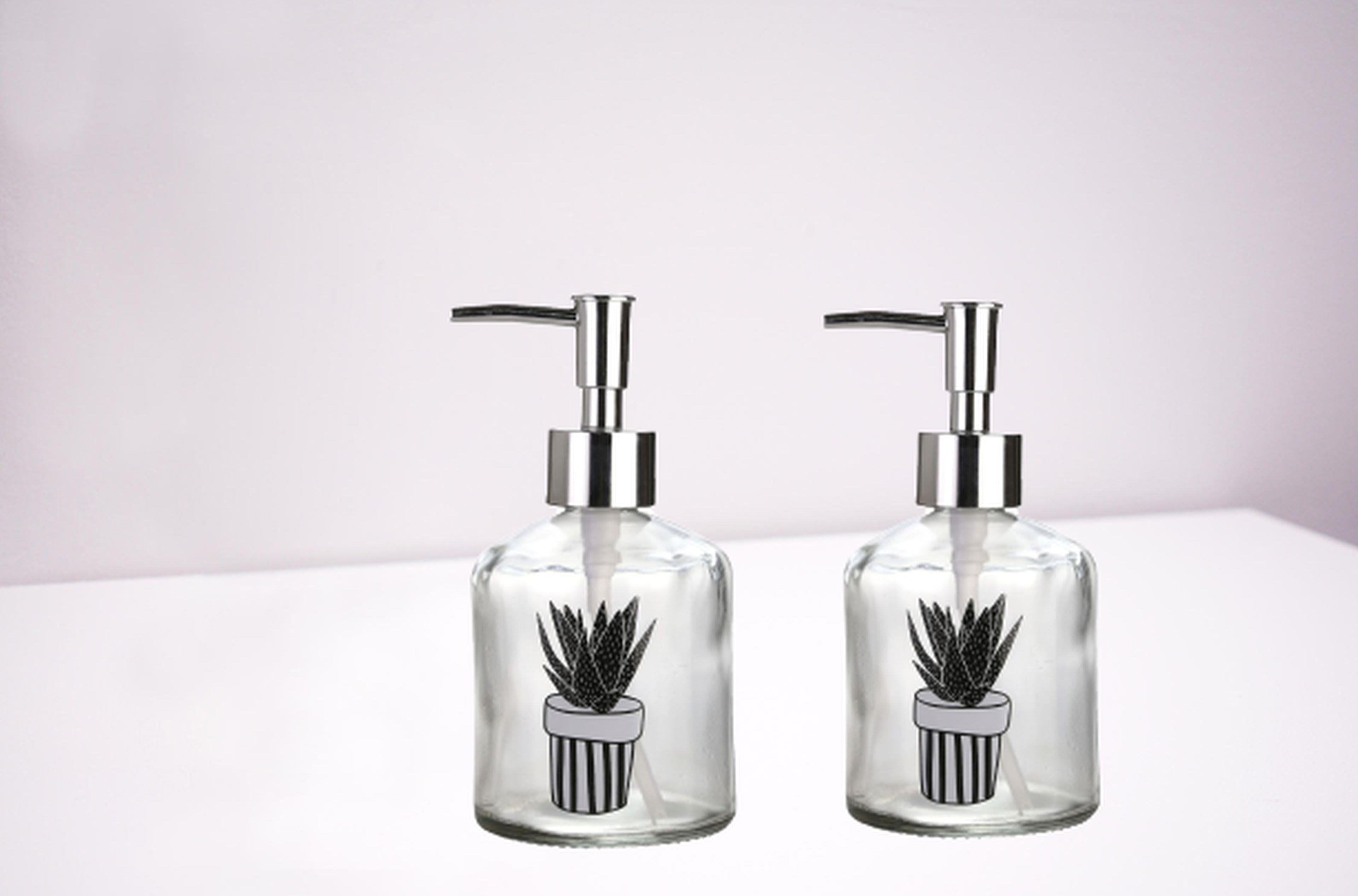 Banyo Seti Cam Sıvı Sabunluk İki Adet,Kaktüs 1 Desen 300Ml 7,6X15,5Cm