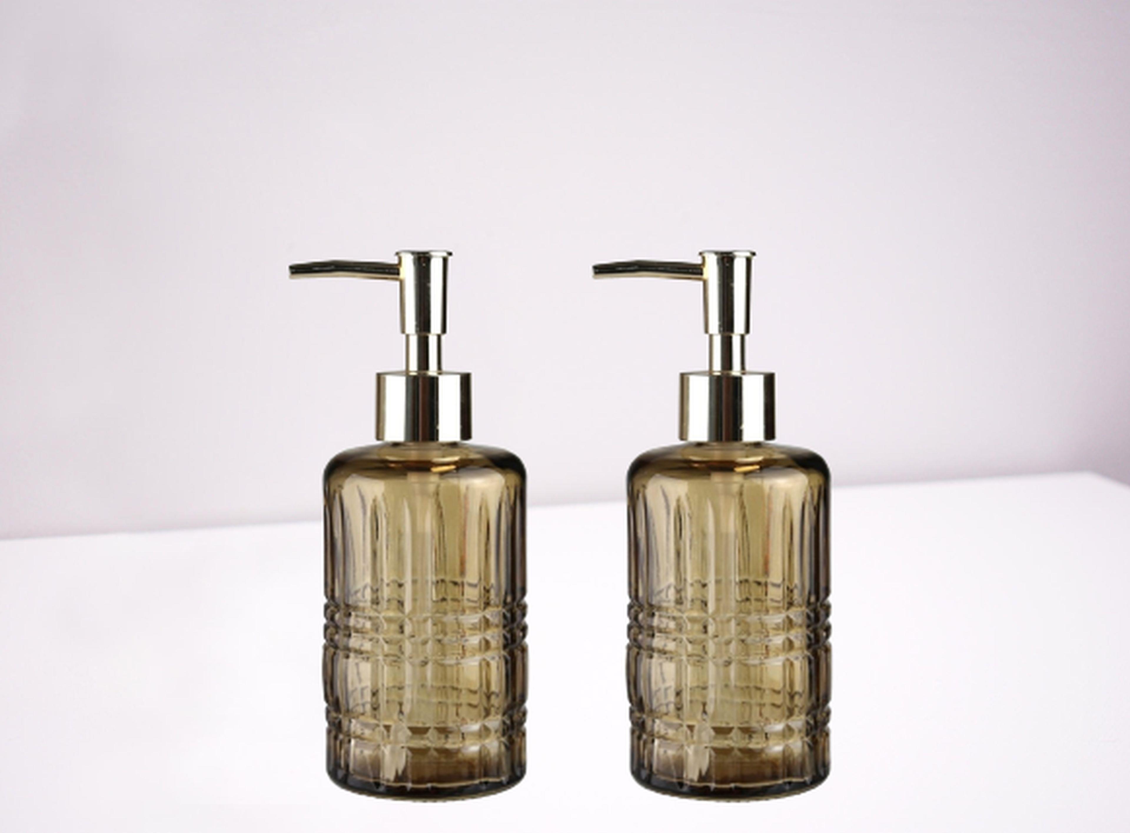 Banyo Seti Cam Sıvı Sabunluk İki Adet,Kristal Desenli Kahverengi 300Ml 6,8X17,6Cm