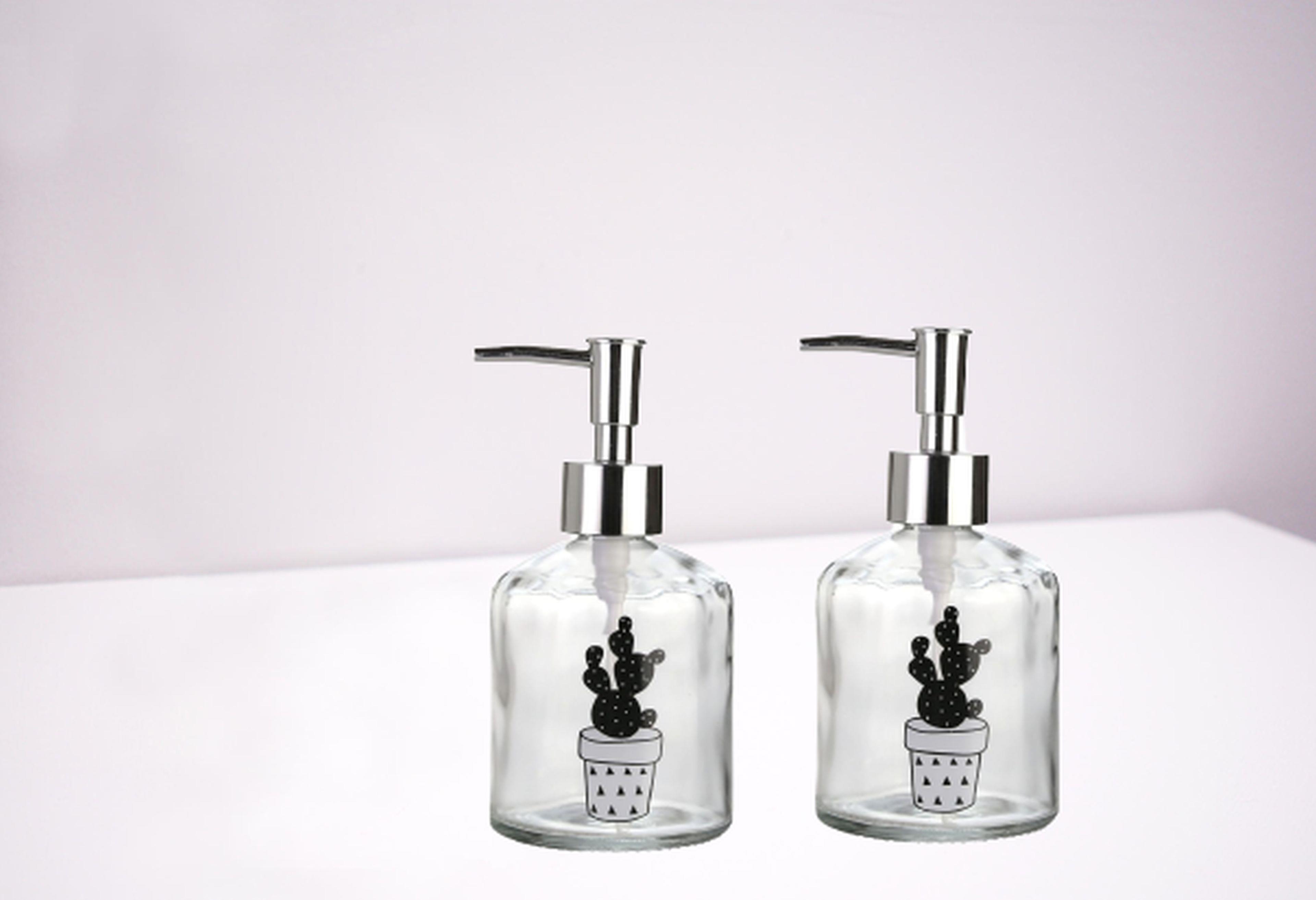 Banyo Seti Cam Sıvı Sabunluk İki Adet,Kaktüs 2 Desen 300Ml 7,6X15,5Cm