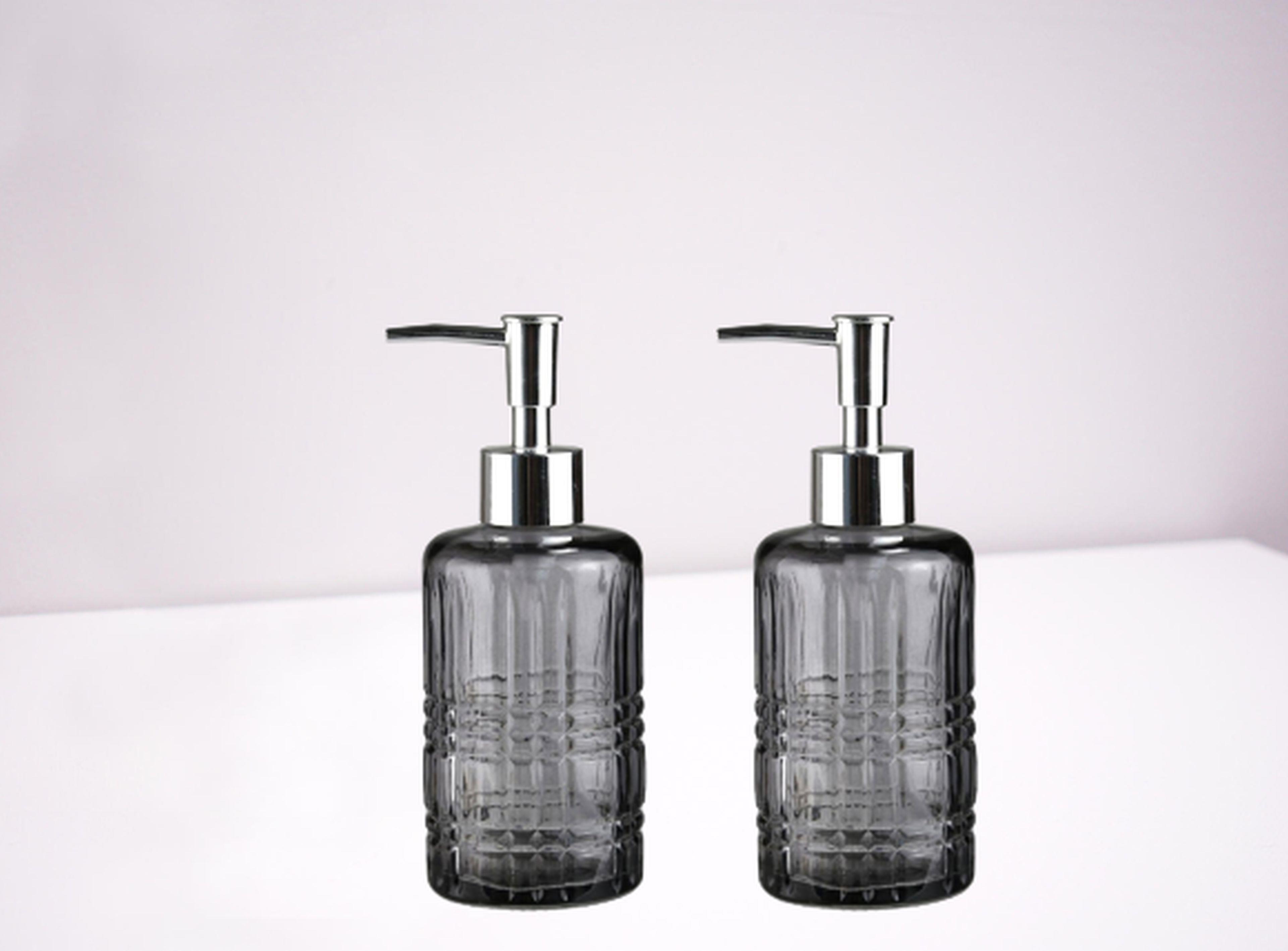 Banyo Seti Cam Sıvı Sabunluk İki Adet,Kristal Desenli Gri 300Ml 6,8X17,6Cm