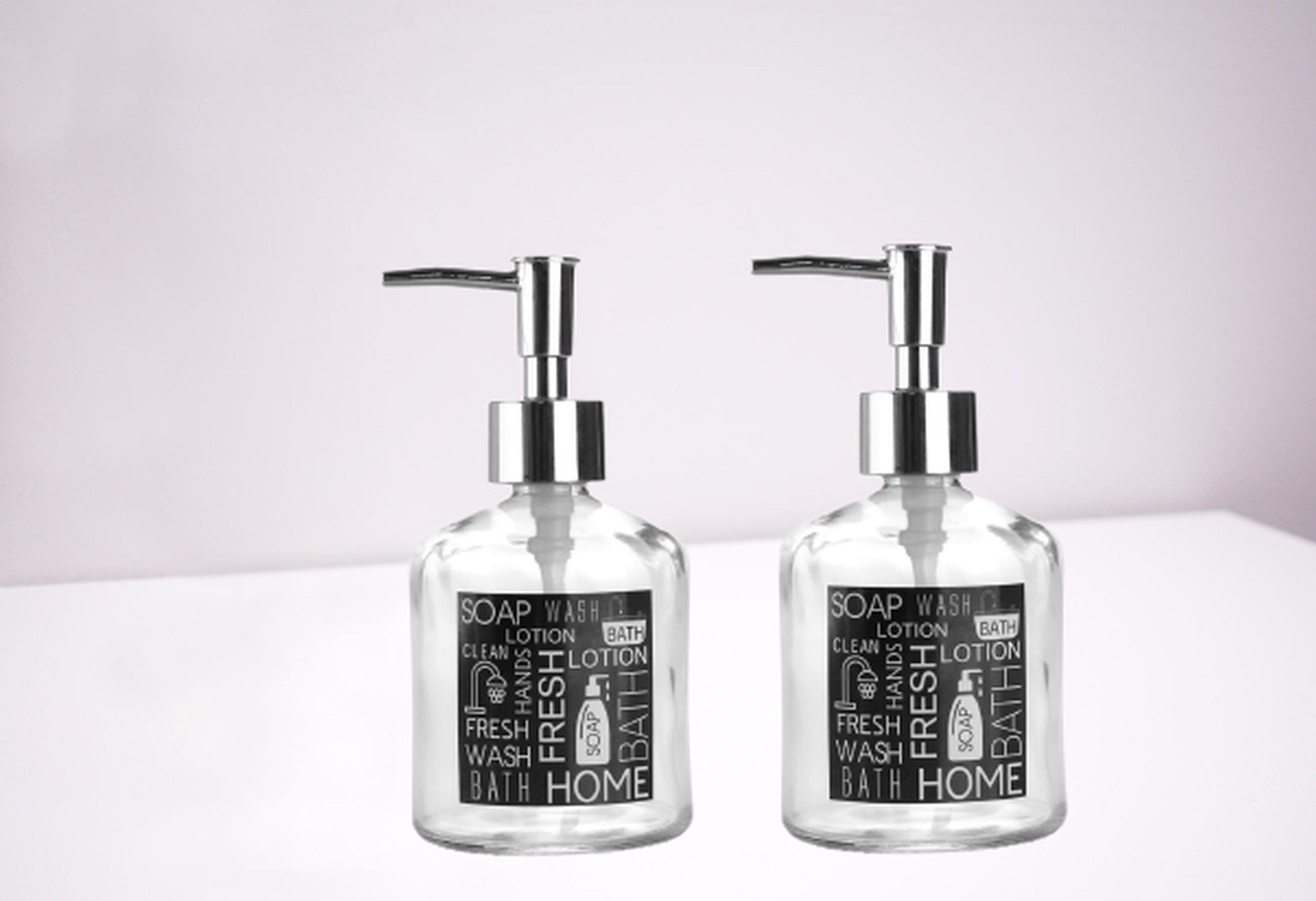 Banyo Seti Cam Sıvı Sabunluk İki Adet,Siyah Etiketli 300Ml 7,6X15,5Cm