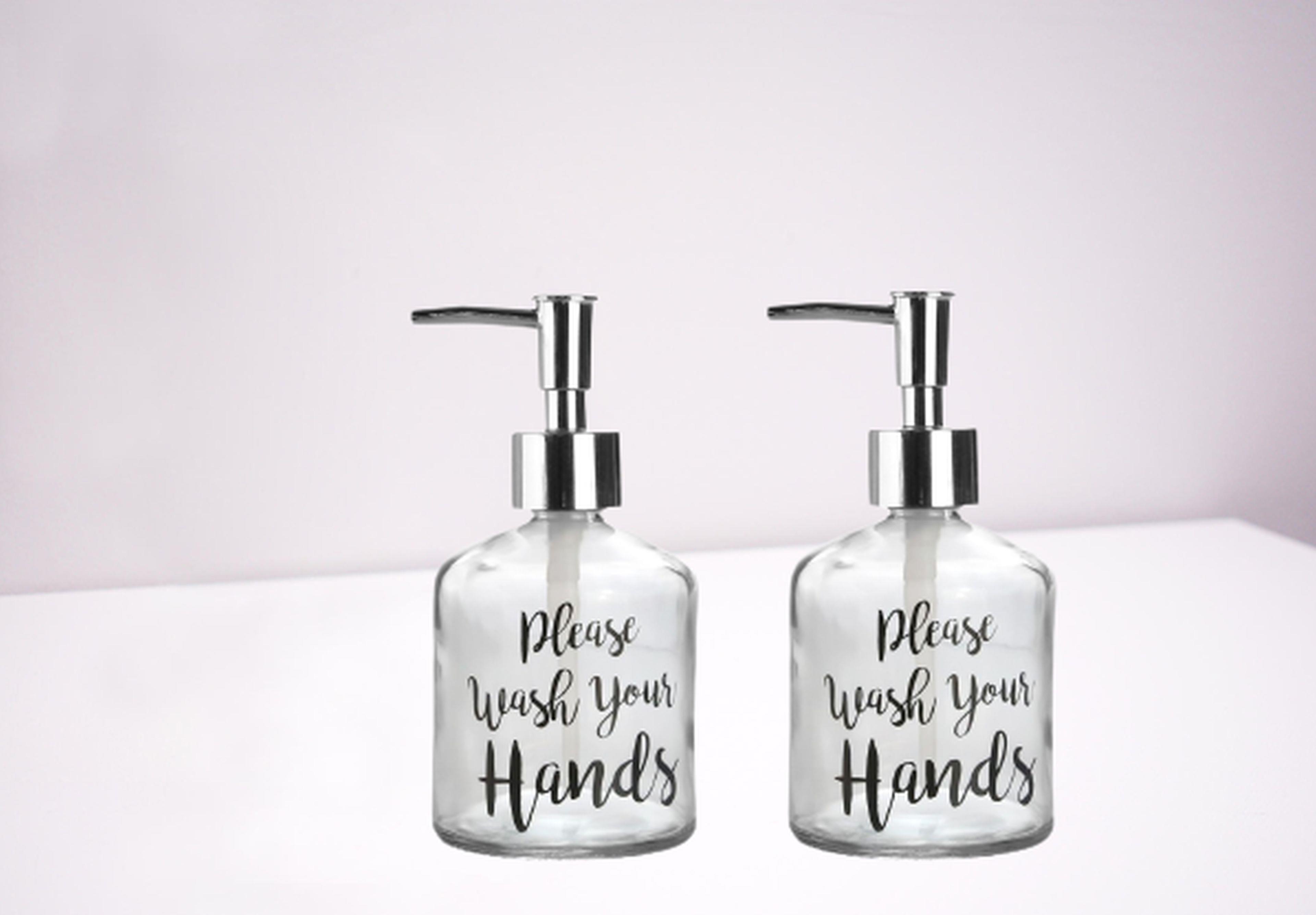 Banyo Seti Cam Sıvı Sabunluk İki Adet,Yazılı Model 300Ml 7,6X15,5Cm