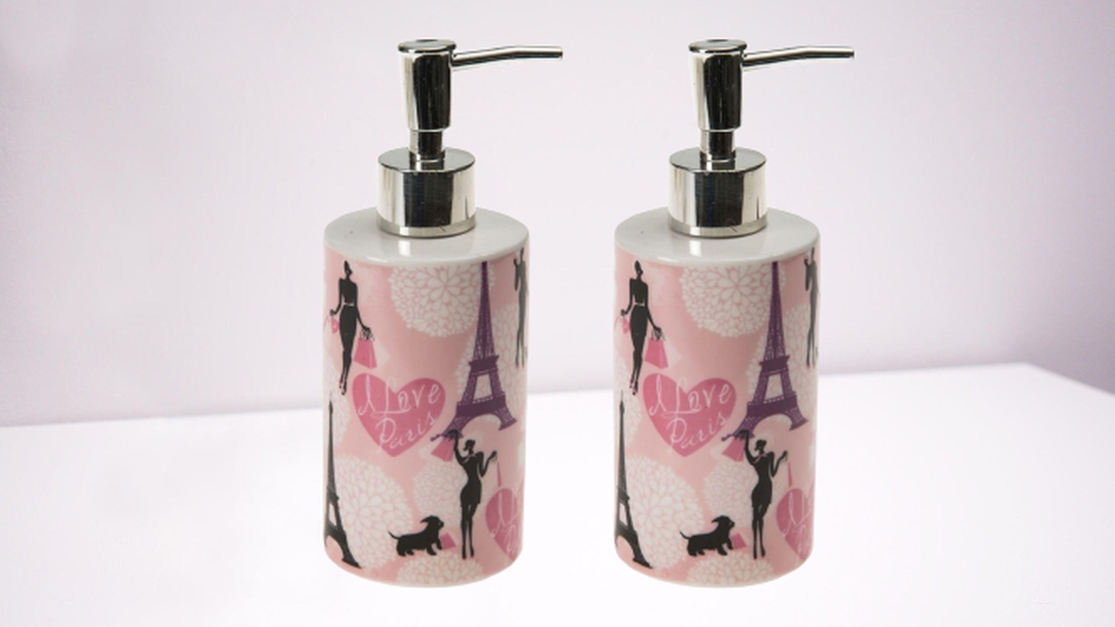 Banyo Seti Seramik Sıvı Sabunluk 2 Adet Kızlı Paris Desenli 7x7x18cm 320ml