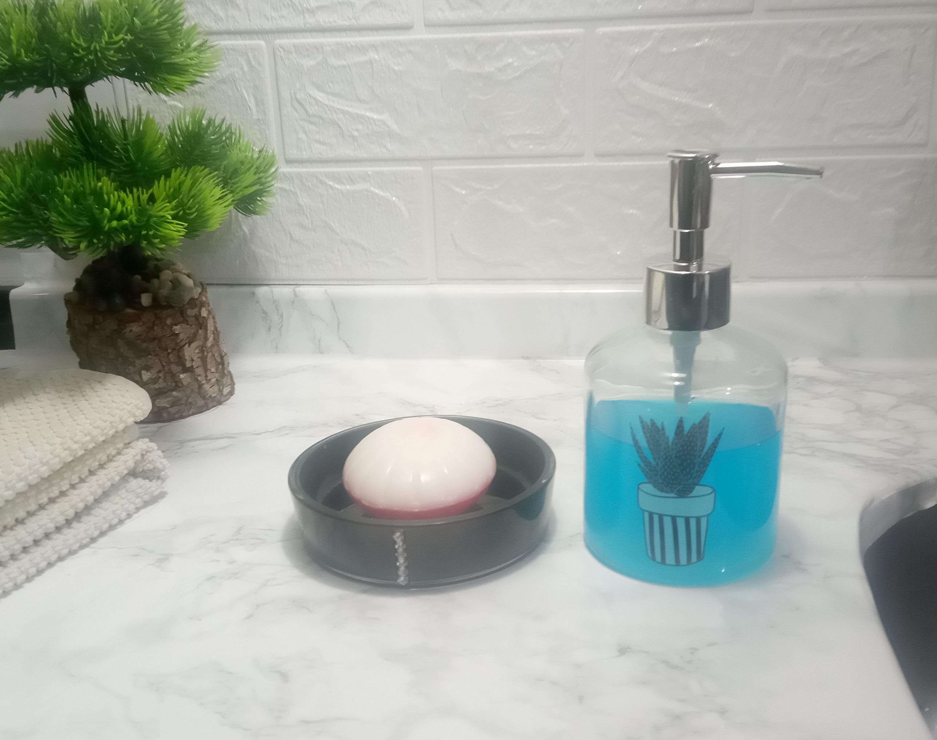 Banyo Seti,Bitki Desenli Cam Sıvı Sabunluk Ve Akrilik Siyah Taşlı Sabunluk 