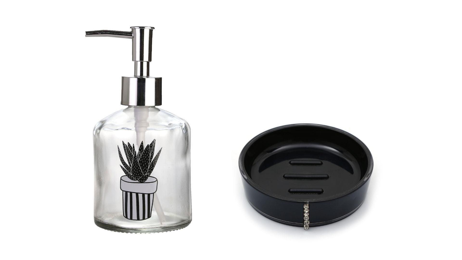 Banyo Seti,Bitki Desenli Cam Sıvı Sabunluk Ve Akrilik Siyah Taşlı Sabunluk 