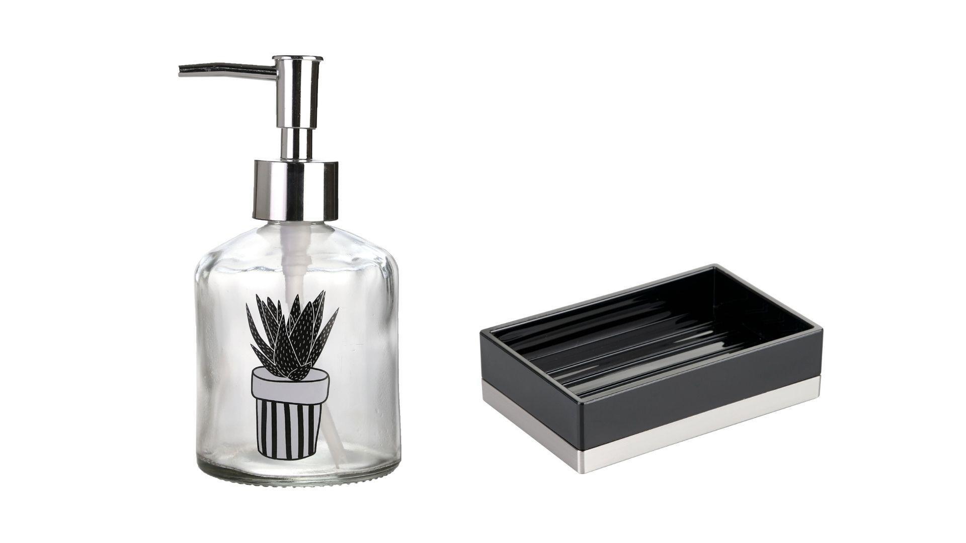 Banyo Seti,Bitki Desenli Cam Sıvı Sabunluk Ve Akrilik Siyah Sabunluk 