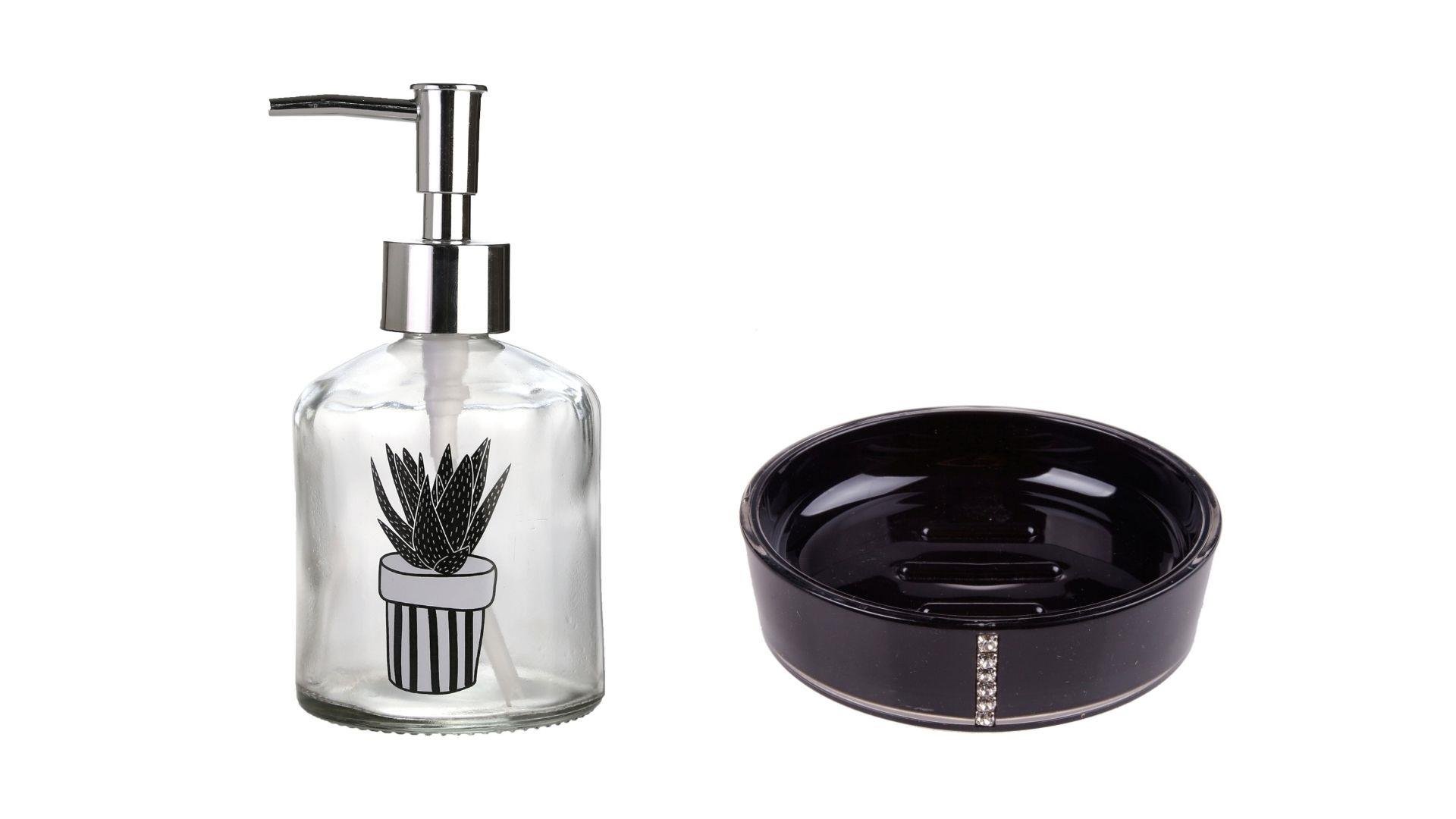Banyo Seti,Bitki Desenli Cam Sıvı Sabunluk Ve Akrilik Siyah Taşlı Sabunluk 