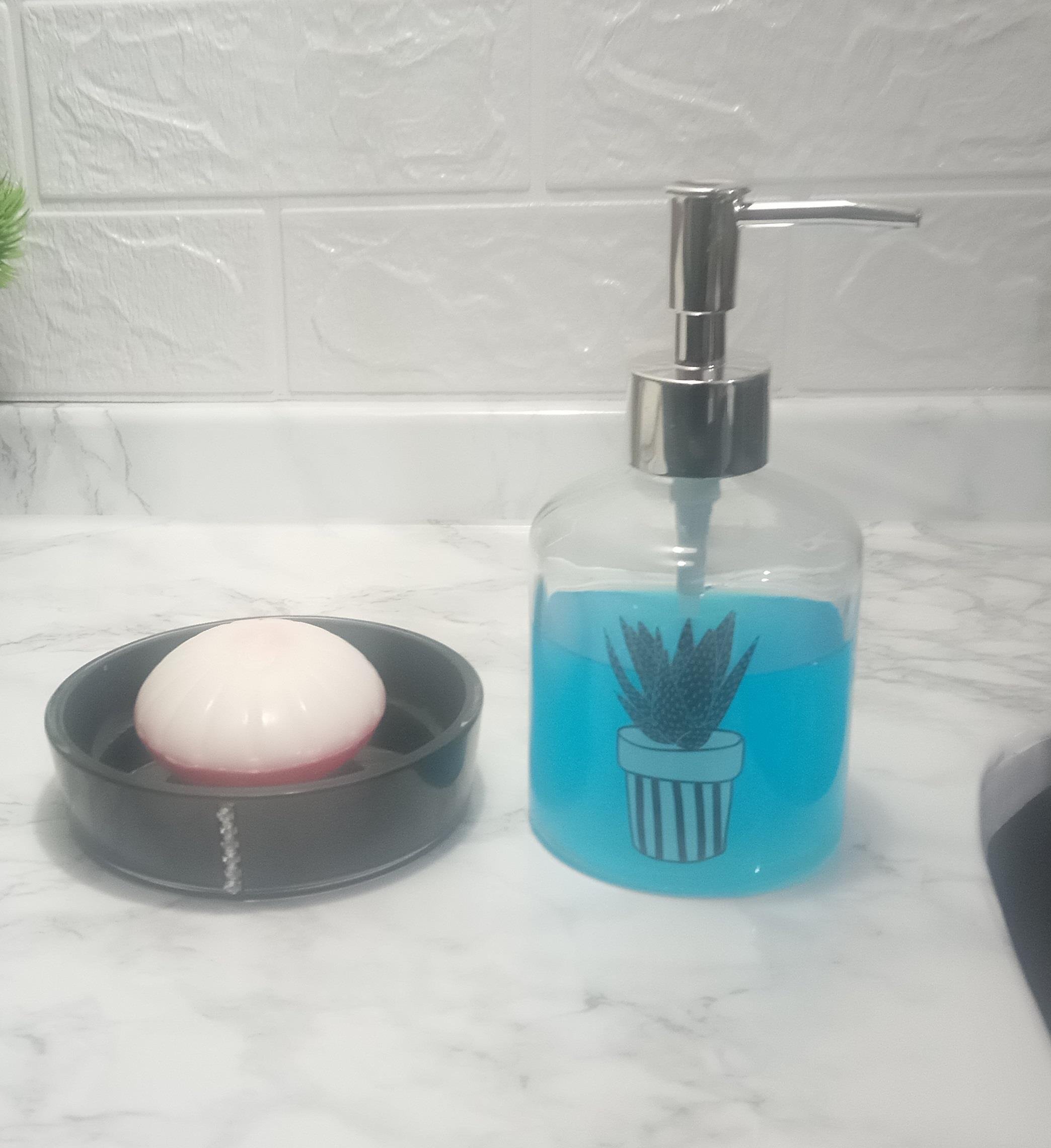 Banyo Seti,Bitki Desenli Cam Sıvı Sabunluk Ve Akrilik Siyah Taşlı Sabunluk 