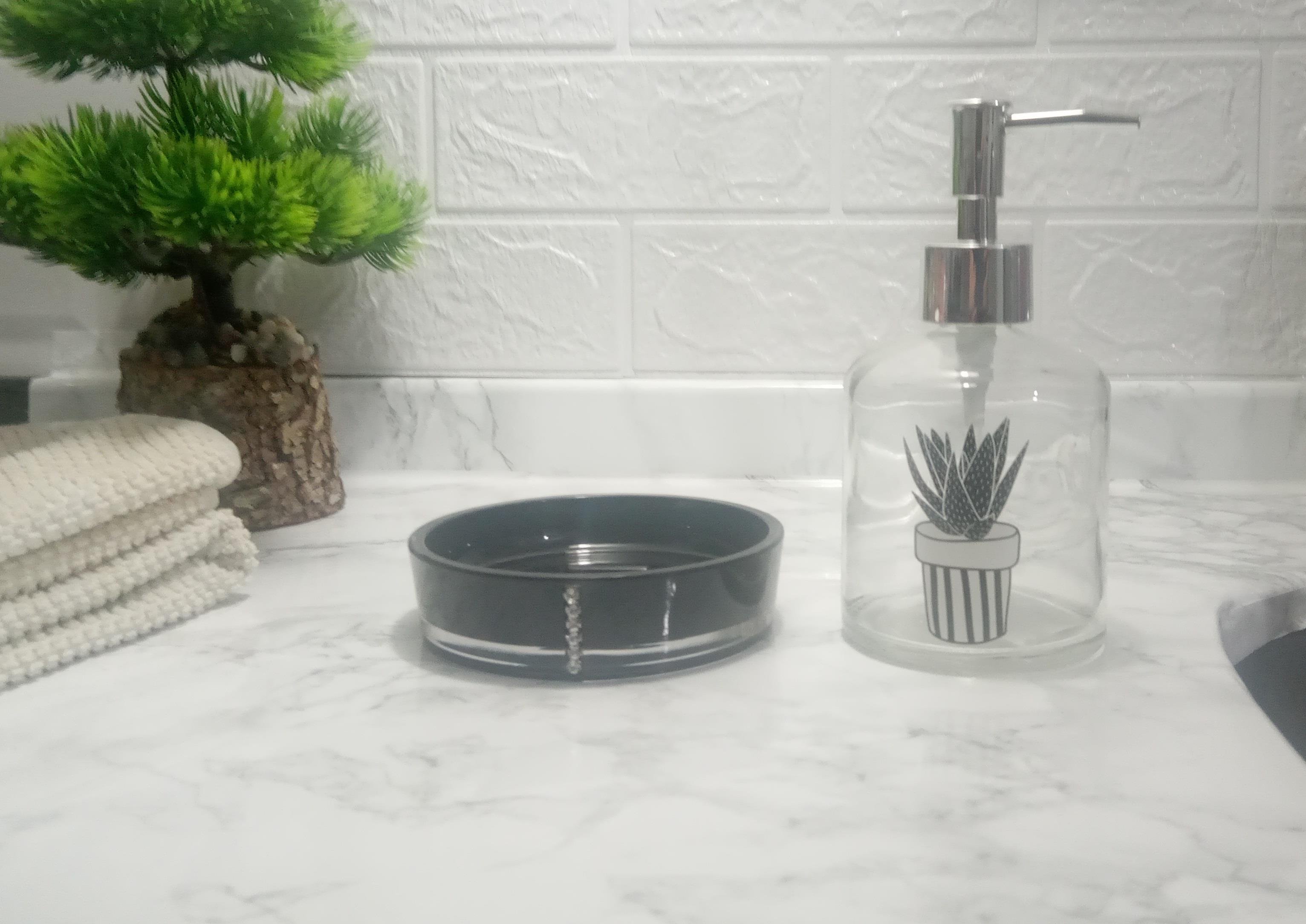 Banyo Seti,Bitki Desenli Cam Sıvı Sabunluk Ve Akrilik Siyah Taşlı Sabunluk 