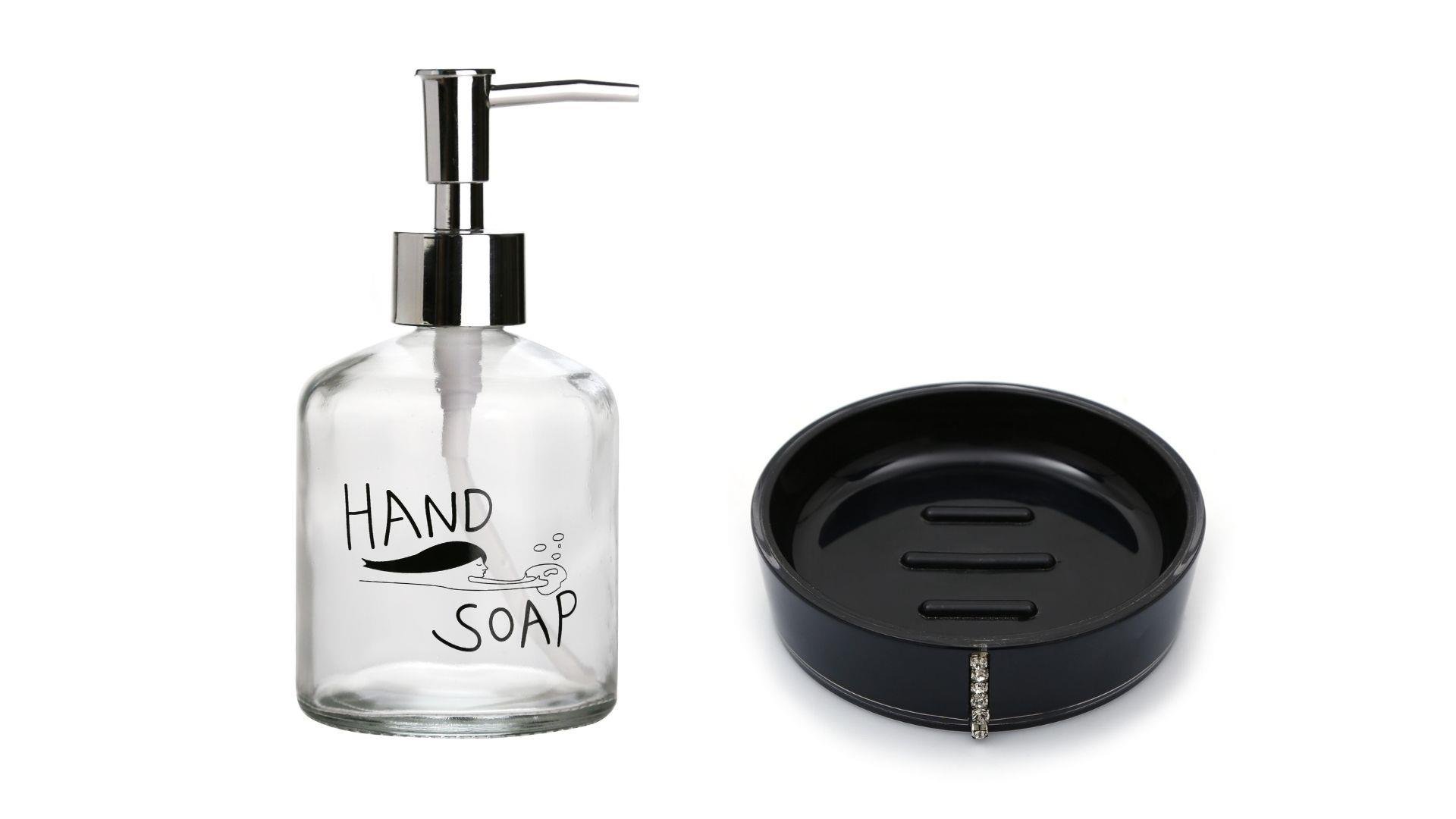 Banyo Seti,El Sabunu Yazılı Cam Sıvı Sabunluk Ve Akrilik Siyah Taşlı Sabunluk 