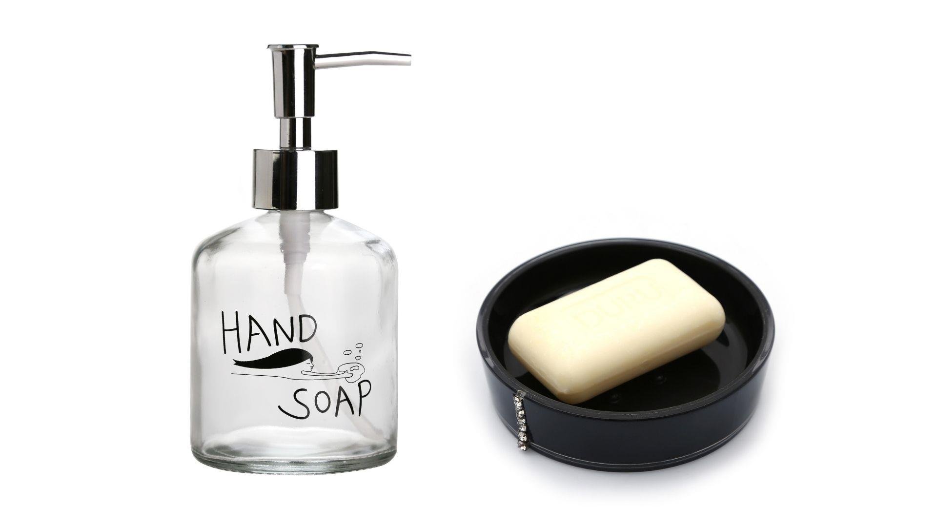 Banyo Seti,El Sabunu Yazılı Cam Sıvı Sabunluk Ve Akrilik Siyah Taşlı Sabunluk 
