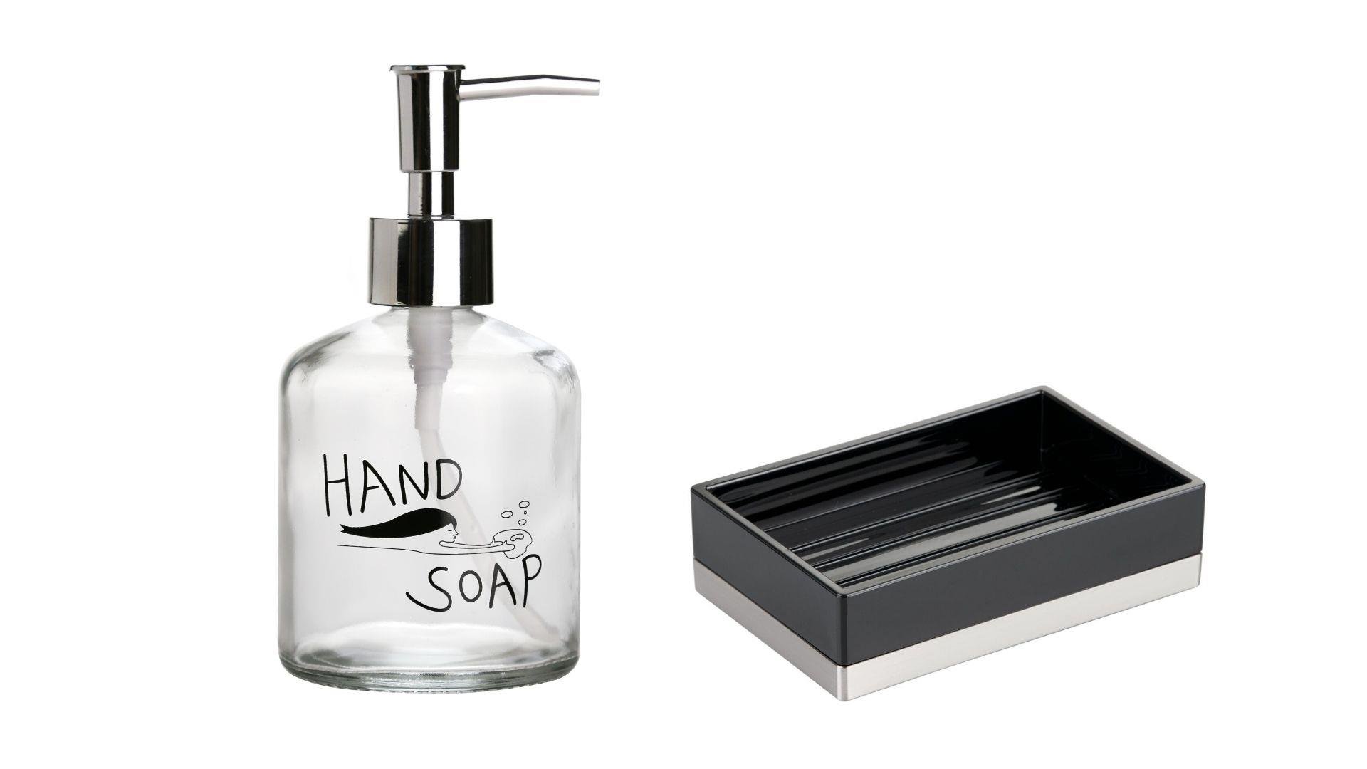 Banyo Seti,El Sabunu Yazılı Cam Sıvı Sabunluk Ve Akrilik Siyah Sabunluk 