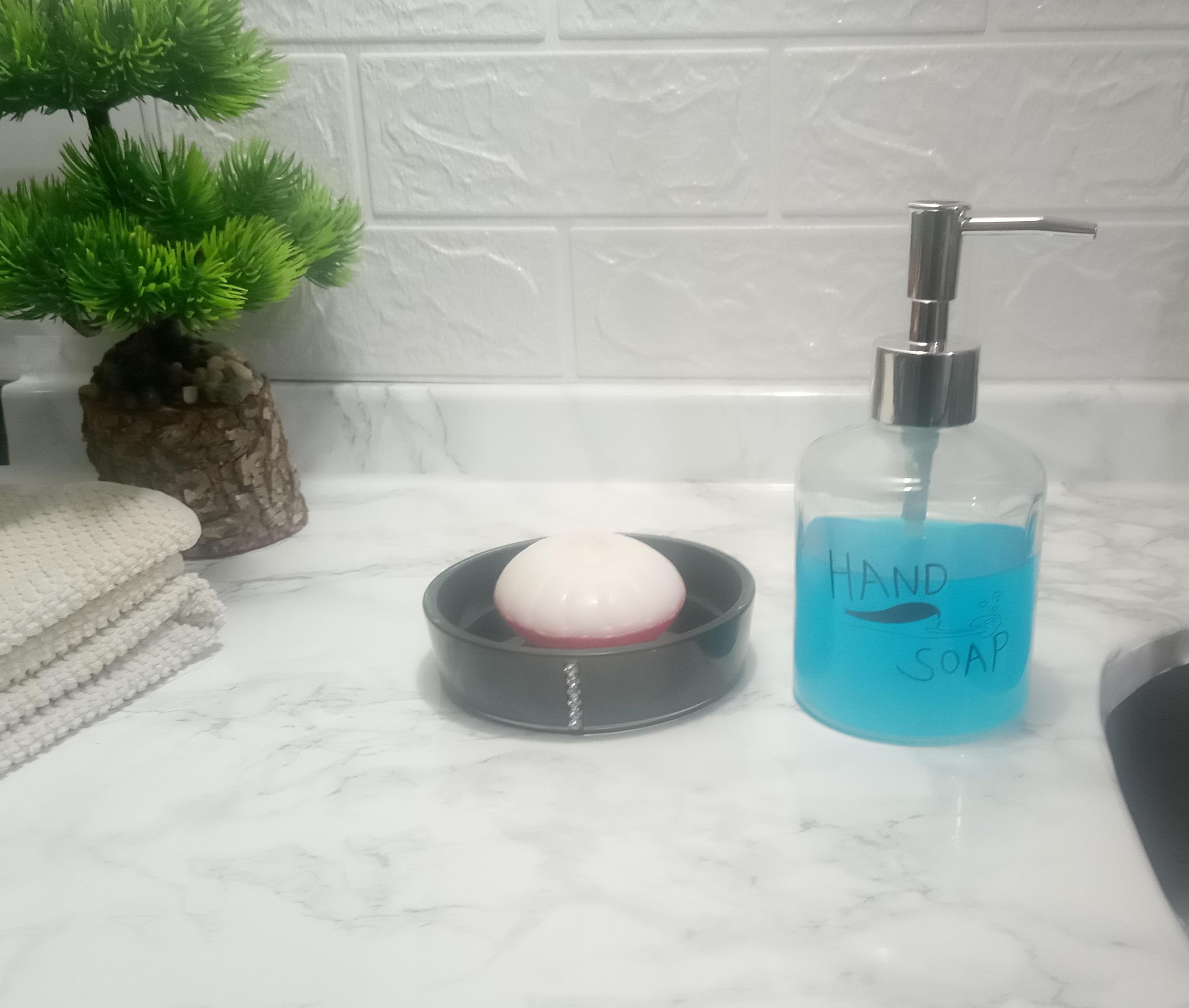 Banyo Seti,El Sabunu Yazılı Cam Sıvı Sabunluk Ve Akrilik Siyah Taşlı Sabunluk 