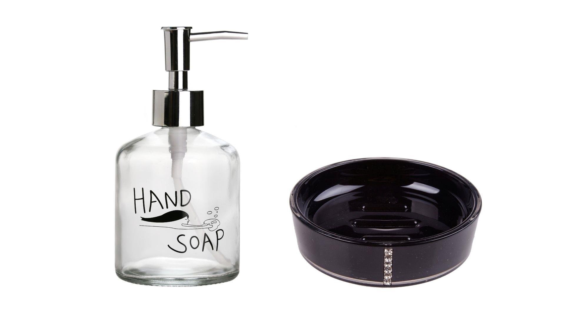 Banyo Seti,El Sabunu Yazılı Cam Sıvı Sabunluk Ve Akrilik Siyah Taşlı Sabunluk 