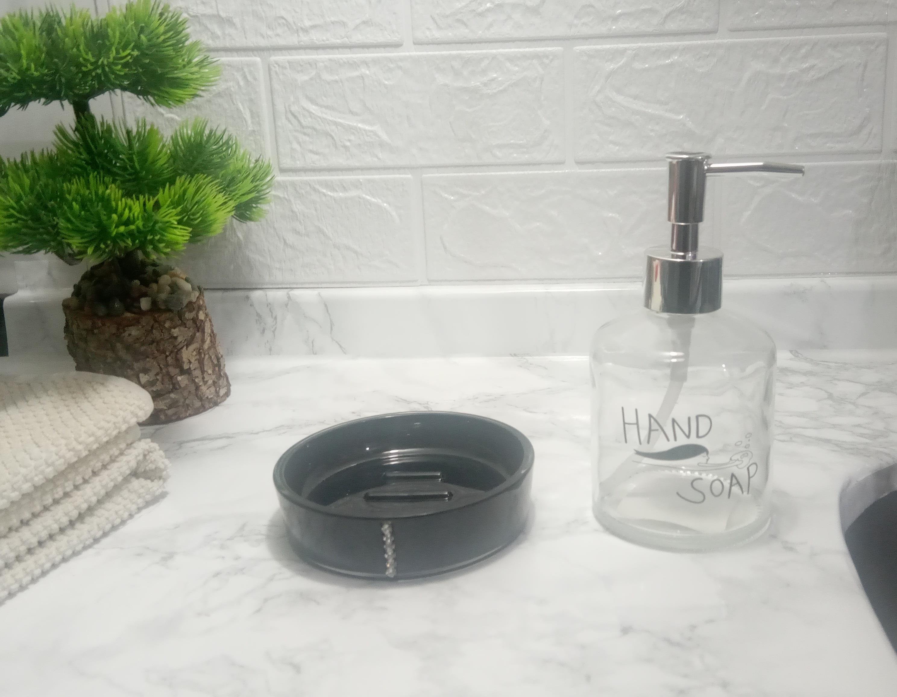 Banyo Seti,El Sabunu Yazılı Cam Sıvı Sabunluk Ve Akrilik Siyah Taşlı Sabunluk 