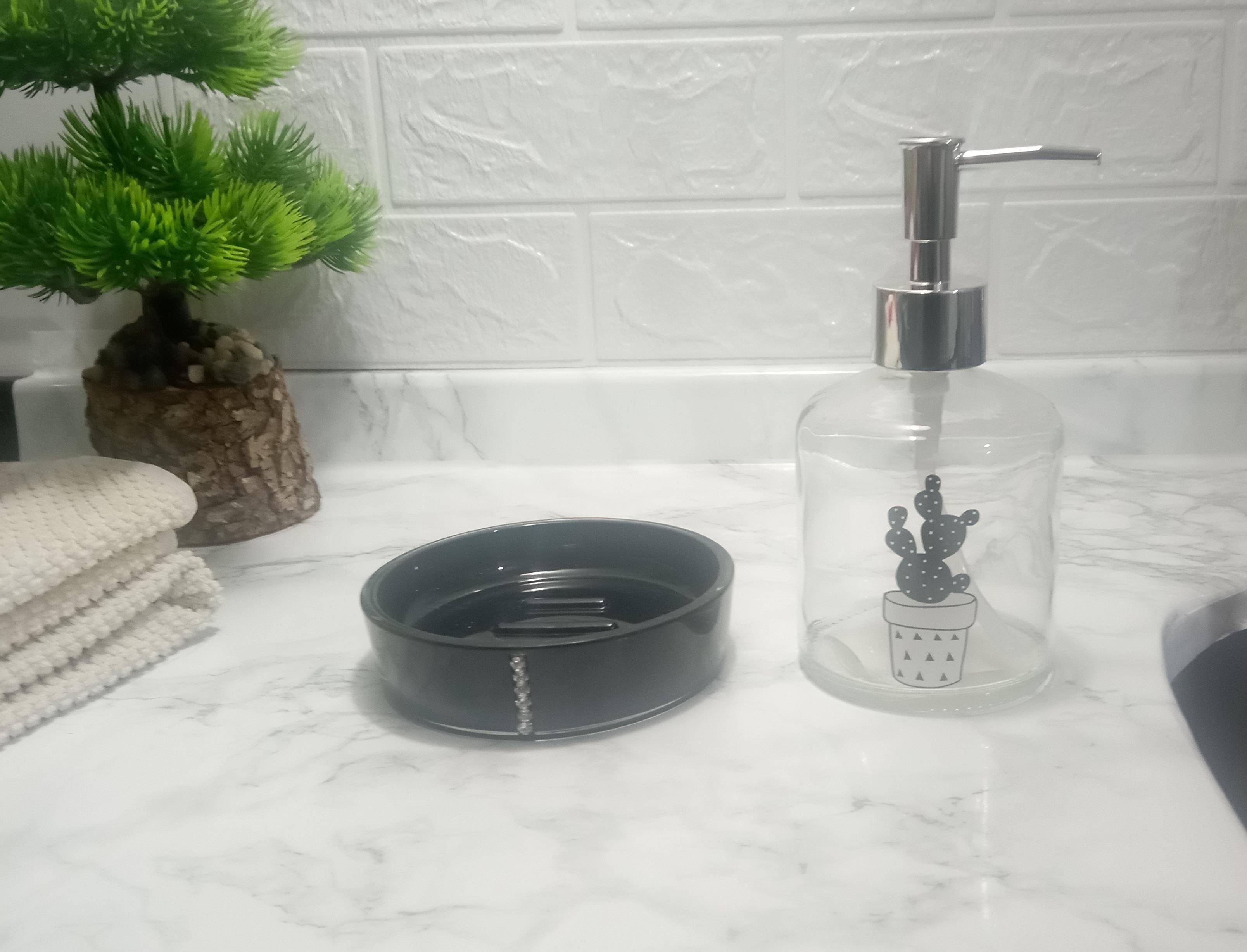 Banyo Seti,Kaktüs Desenli Cam Sıvı Sabunluk Ve Akrilik Siyah Taşlı Sabunluk 