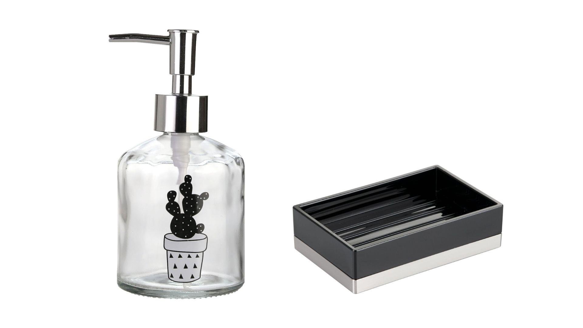 Banyo Seti,Kaktüs Desenli Cam Sıvı Sabunluk Ve Akrilik Siyah Sabunluk 