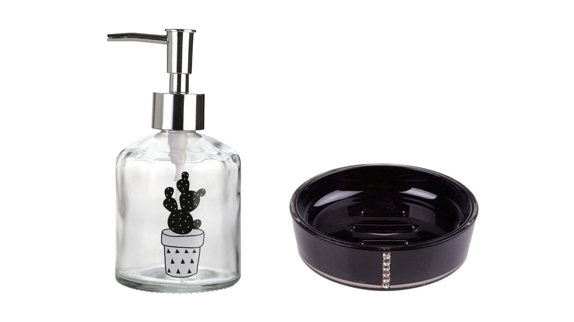 Banyo Seti,Kaktüs Desenli Cam Sıvı Sabunluk Ve Akrilik Siyah Taşlı Sabunluk 