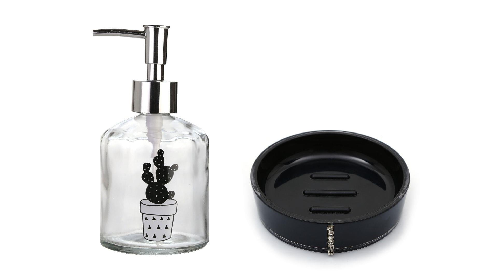 Banyo Seti,Kaktüs Desenli Cam Sıvı Sabunluk Ve Akrilik Siyah Taşlı Sabunluk 