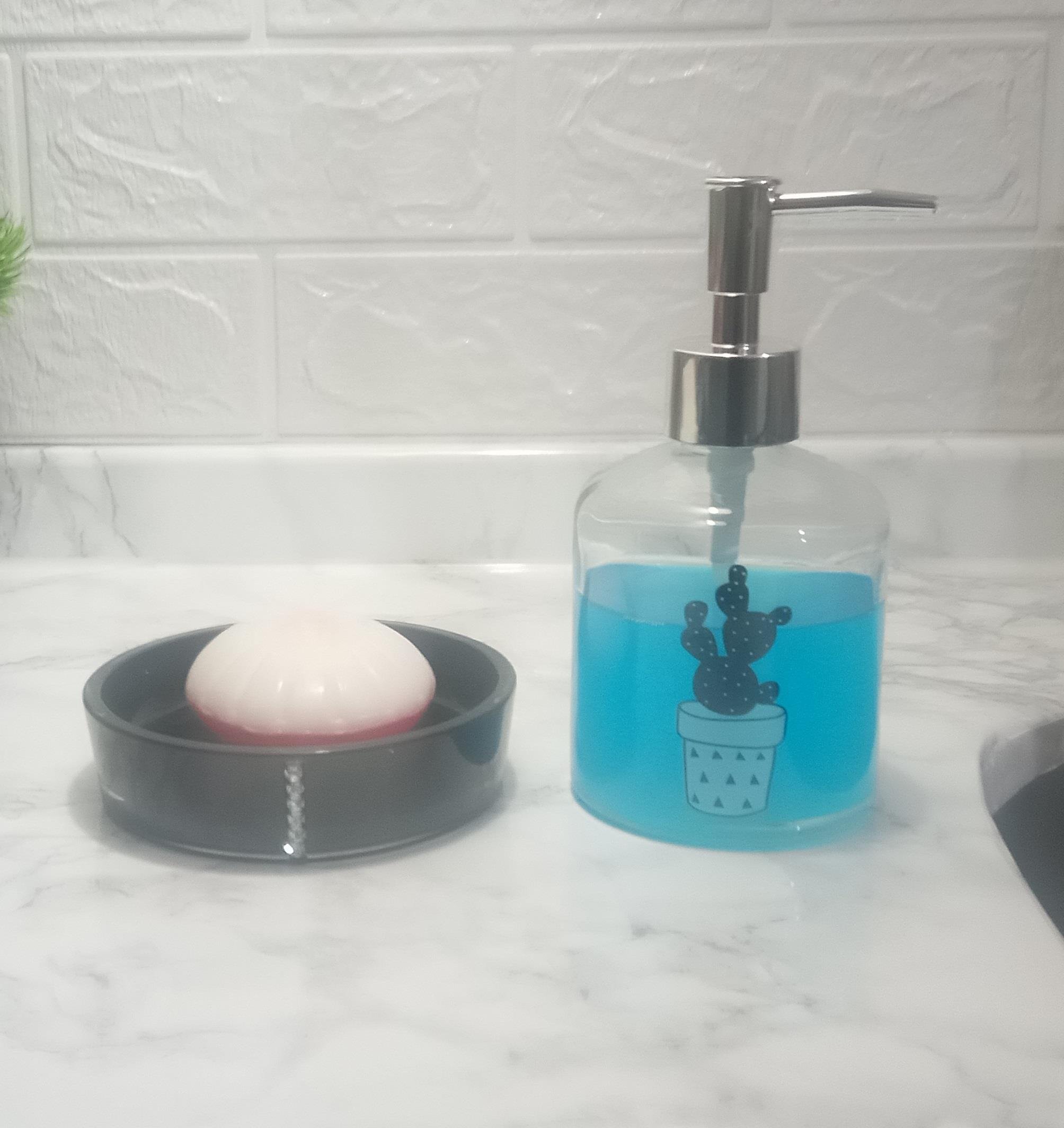 Banyo Seti,Kaktüs Desenli Cam Sıvı Sabunluk Ve Akrilik Siyah Taşlı Sabunluk 