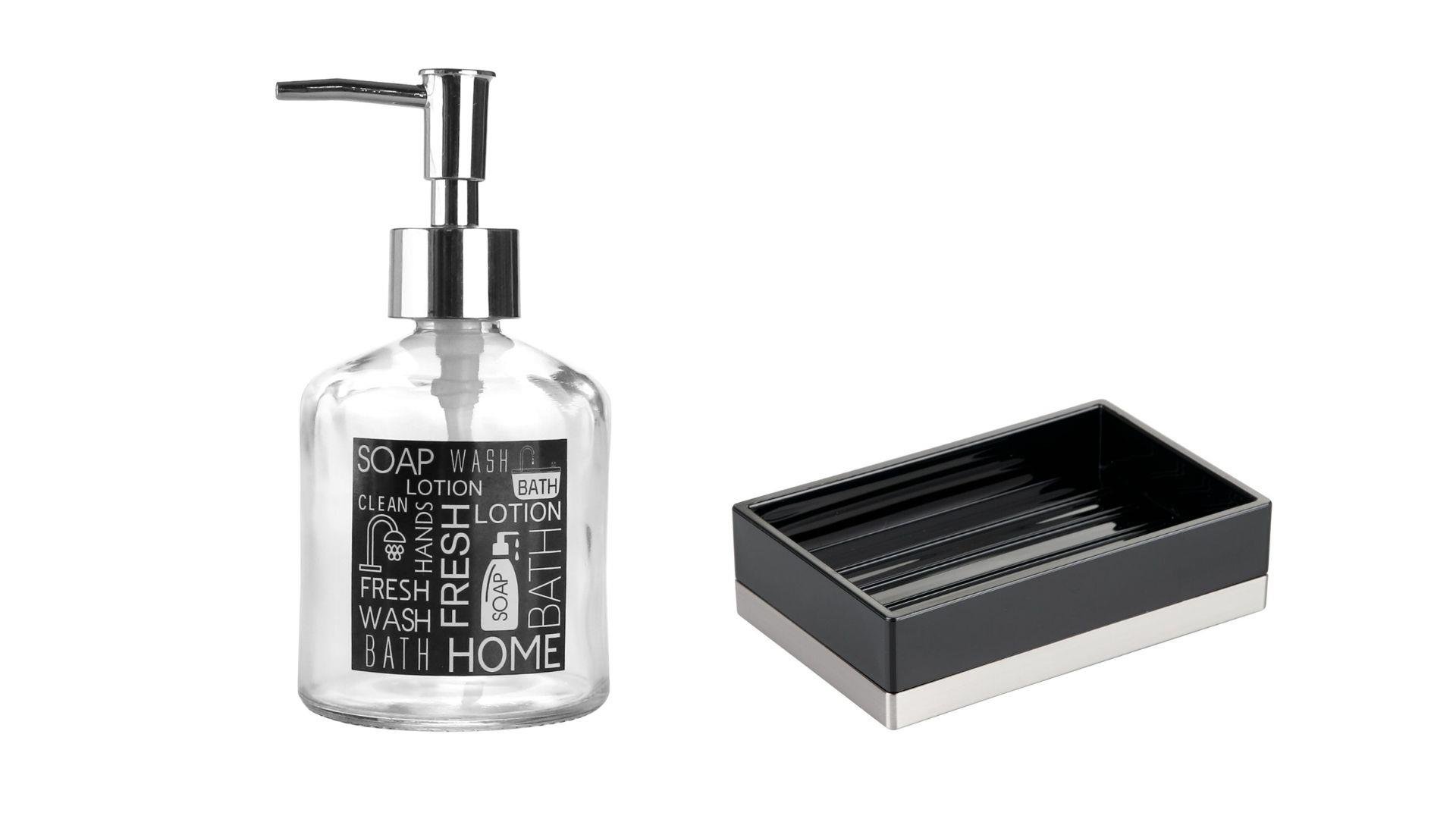 Banyo Seti,Siyah Etiketli Cam Sıvı Sabunluk Ve Akrilik Siyah Sabunluk 