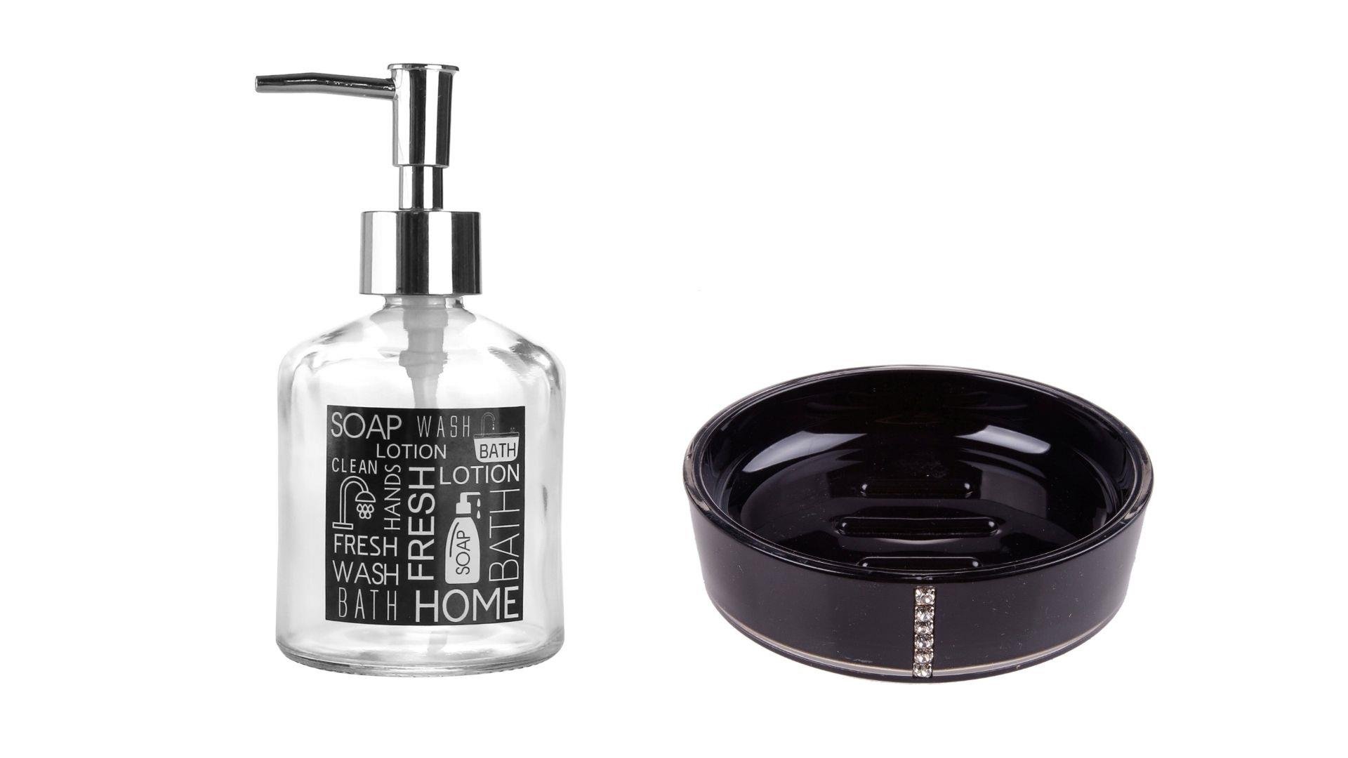 Banyo Seti,Siyah Etiketli Cam Sıvı Sabunluk Ve Akrilik Siyah Taşlı Sabunluk 