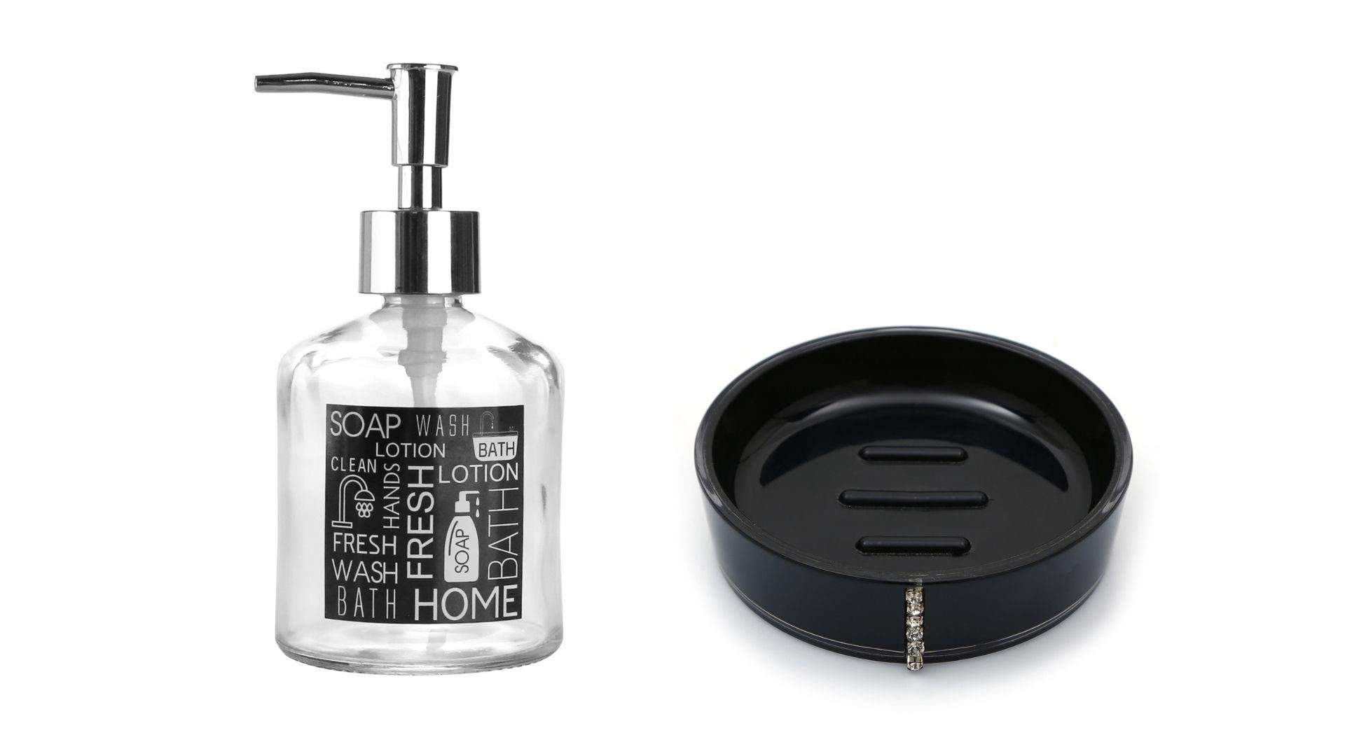 Banyo Seti,Siyah Etiketli Cam Sıvı Sabunluk Ve Akrilik Siyah Taşlı Sabunluk 