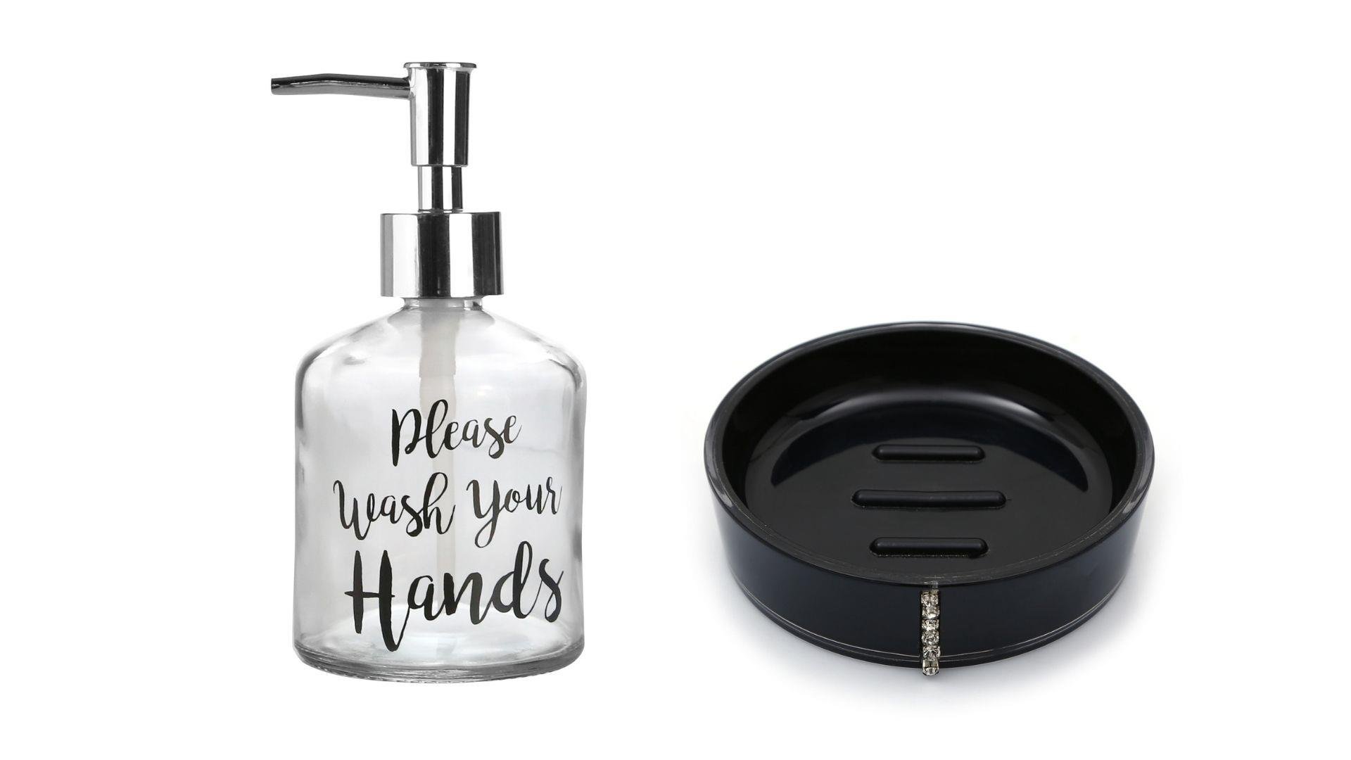 Banyo Seti,Yazılı Cam Sıvı Sabunluk Ve Akrilik Siyah Taşlı Sabunluk 
