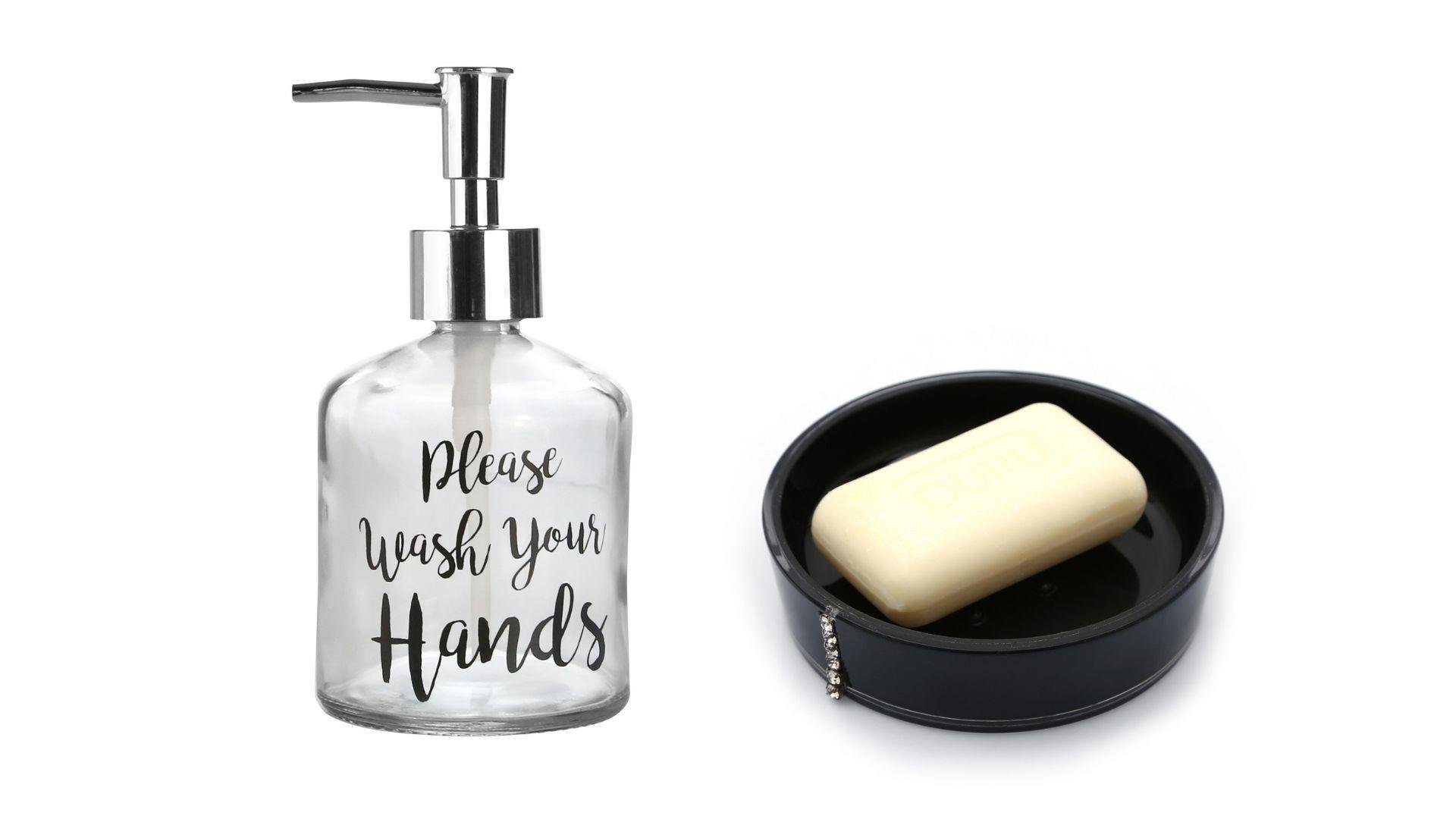Banyo Seti,Yazılı Cam Sıvı Sabunluk Ve Akrilik Siyah Taşlı Sabunluk 