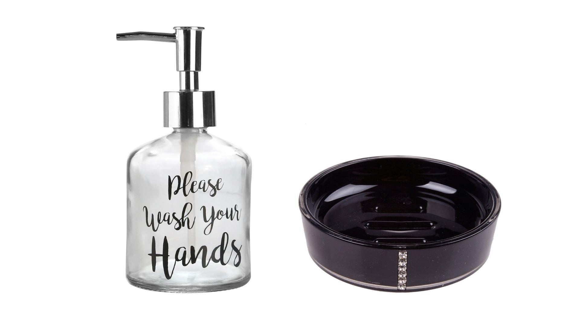 Banyo Seti,Yazılı Cam Sıvı Sabunluk Ve Akrilik Siyah Taşlı Sabunluk 
