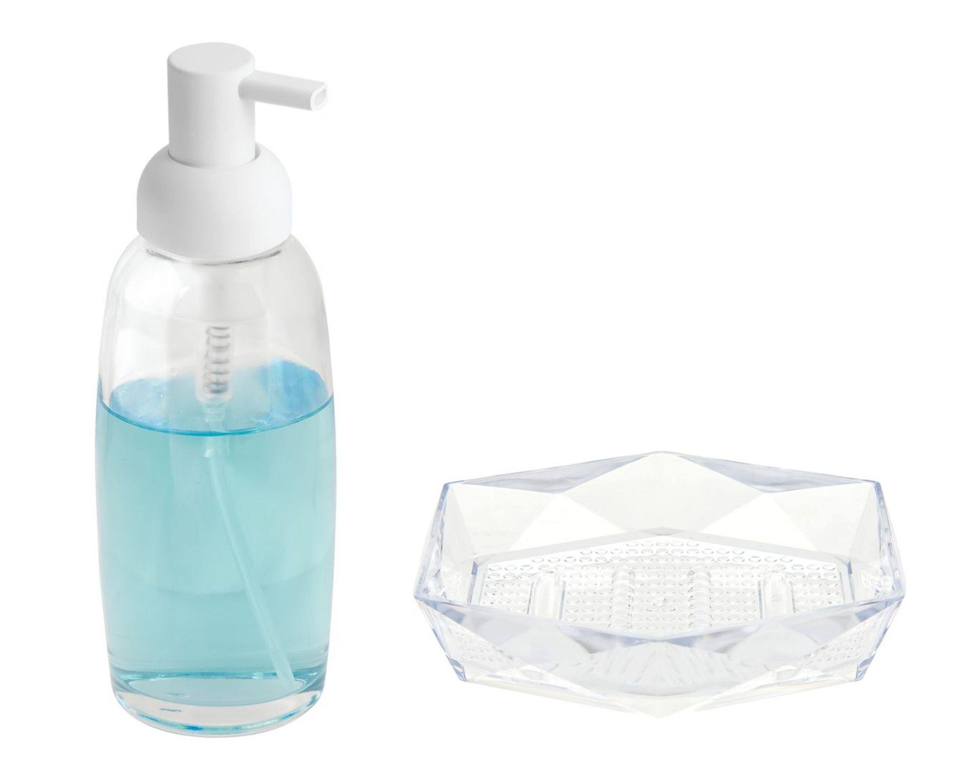 Bayaz Pompalı Cam Sıvı Sabunluk Ve Sabunluk 2 Li Banyo Seti