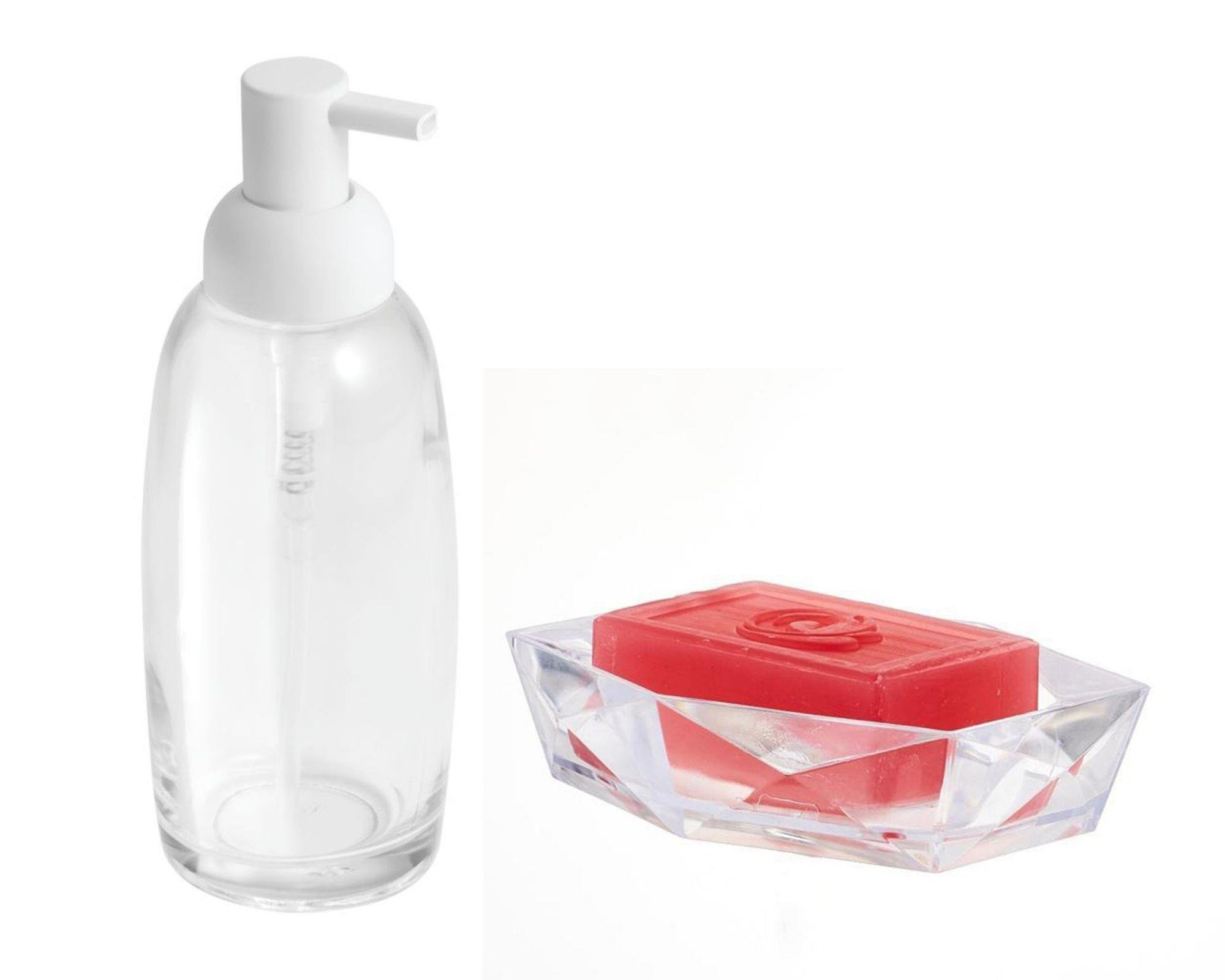 Bayaz Pompalı Cam Sıvı Sabunluk Ve Sabunluk 2 Li Banyo Seti