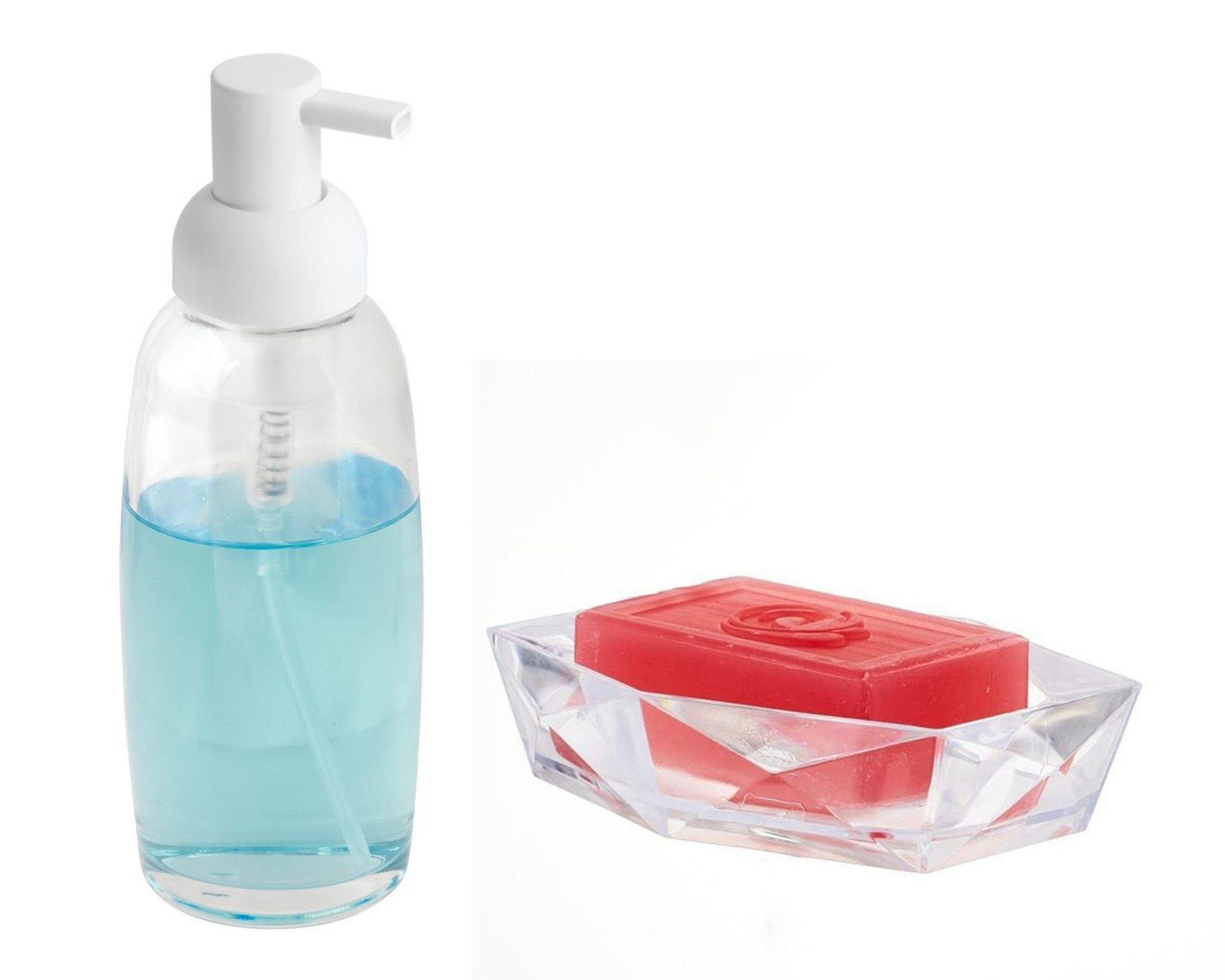 Bayaz Pompalı Cam Sıvı Sabunluk Ve Sabunluk 2 Li Banyo Seti