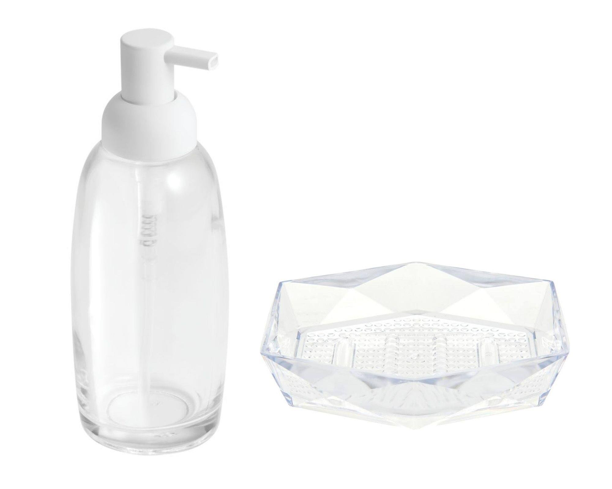 Bayaz Pompalı Cam Sıvı Sabunluk Ve Sabunluk 2 Li Banyo Seti