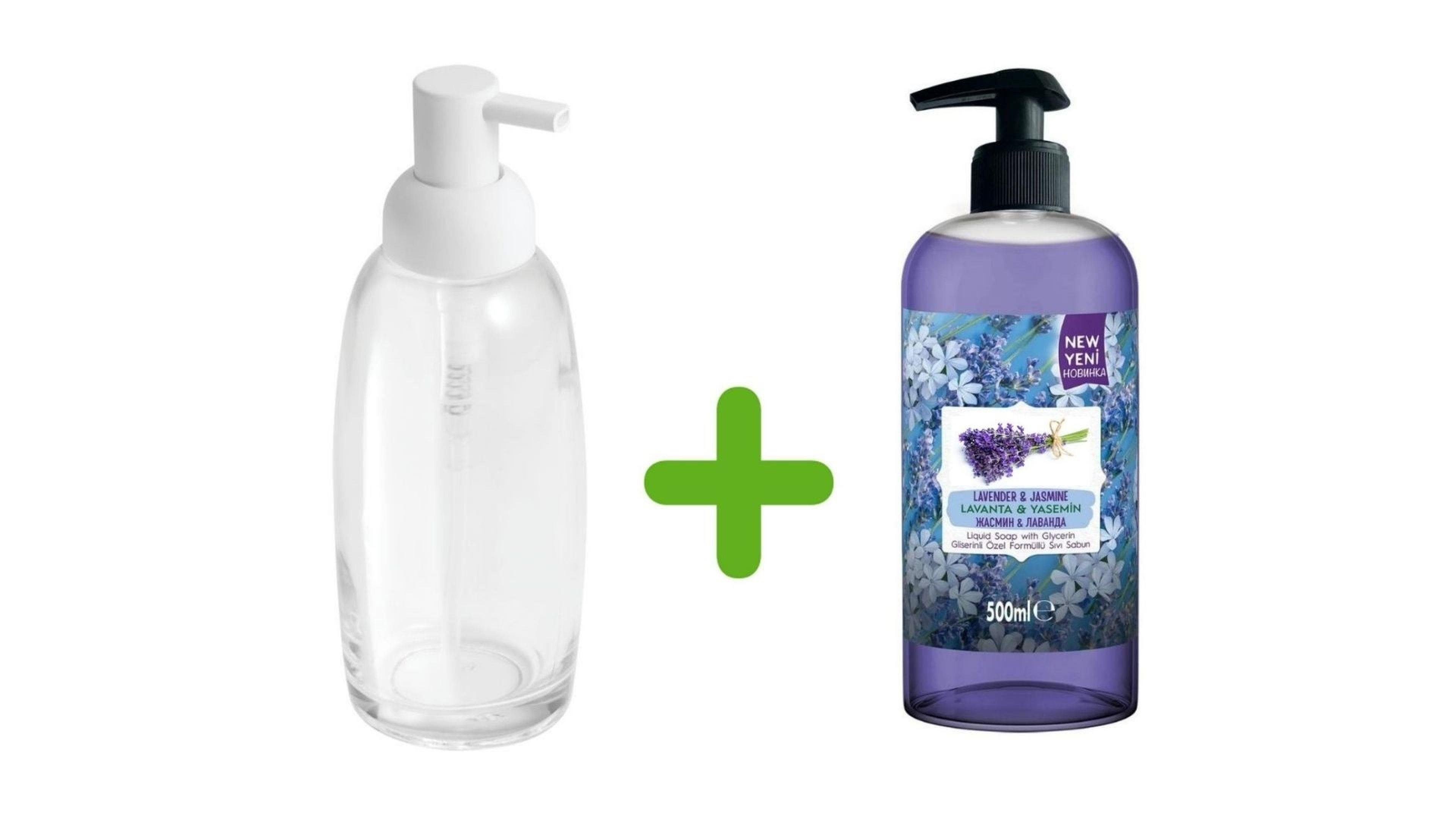 Beyaz Cam Sıvı Sabunluk Ve 1 Adet 500 Ml Sıvı Sabun Lavanta Kokulu