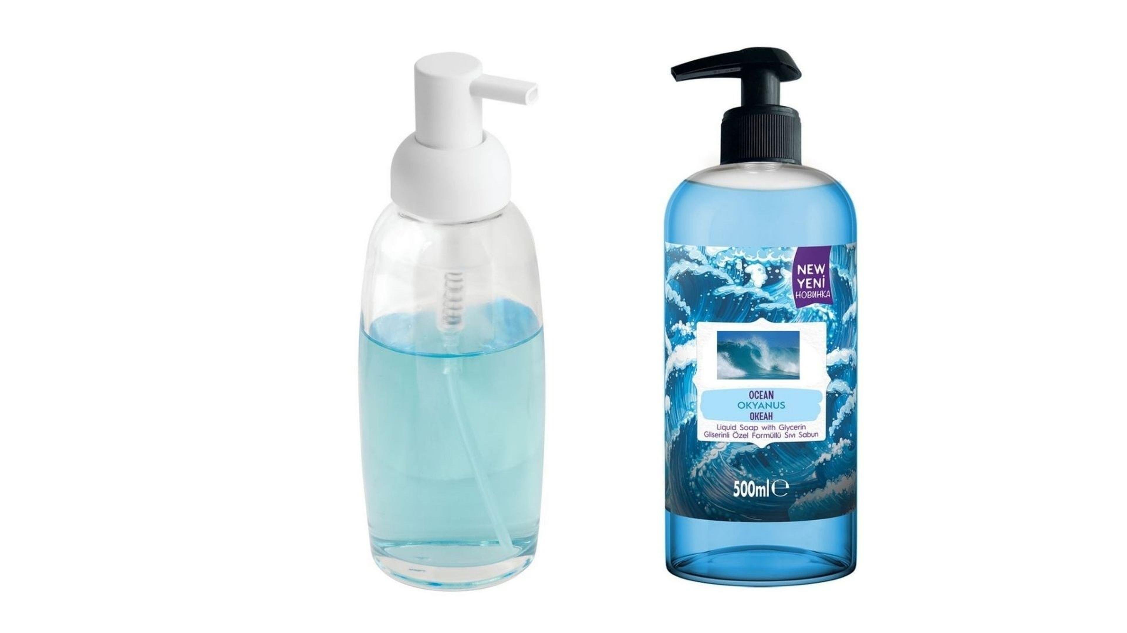 Beyaz Cam Sıvı Sabunluk Ve 1 Adet 500 Ml Sıvı Sabun Okyanus Kokulu