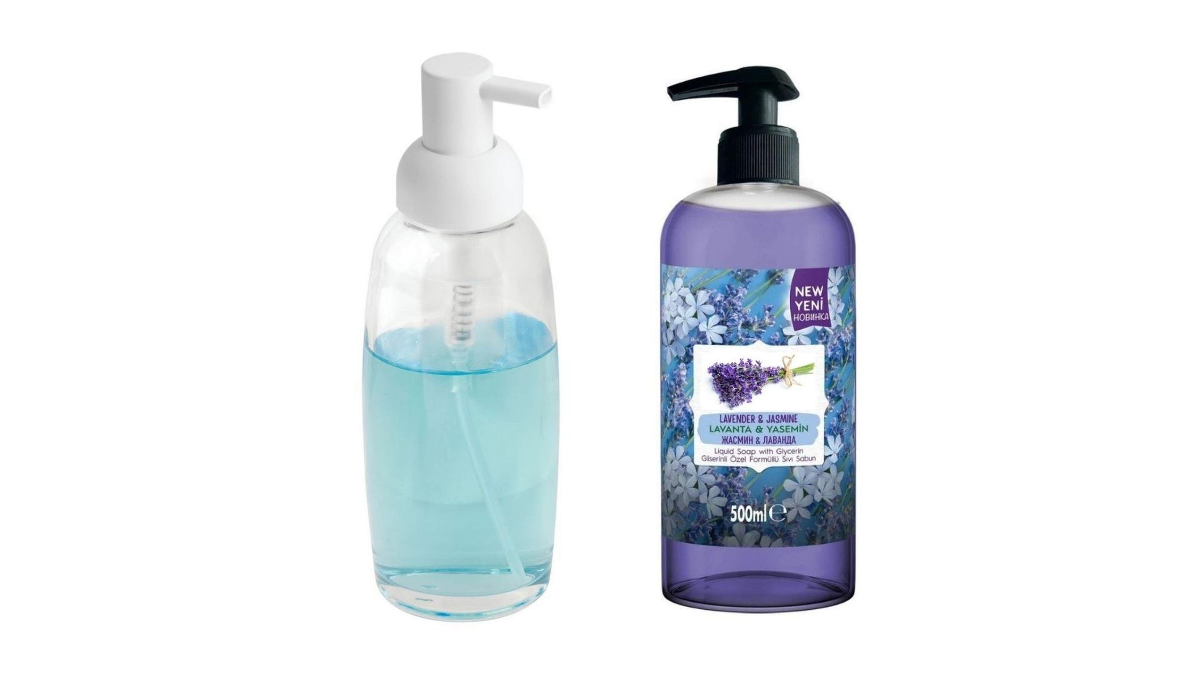 Beyaz Cam Sıvı Sabunluk Ve 1 Adet 500 Ml Sıvı Sabun Lavanta Kokulu