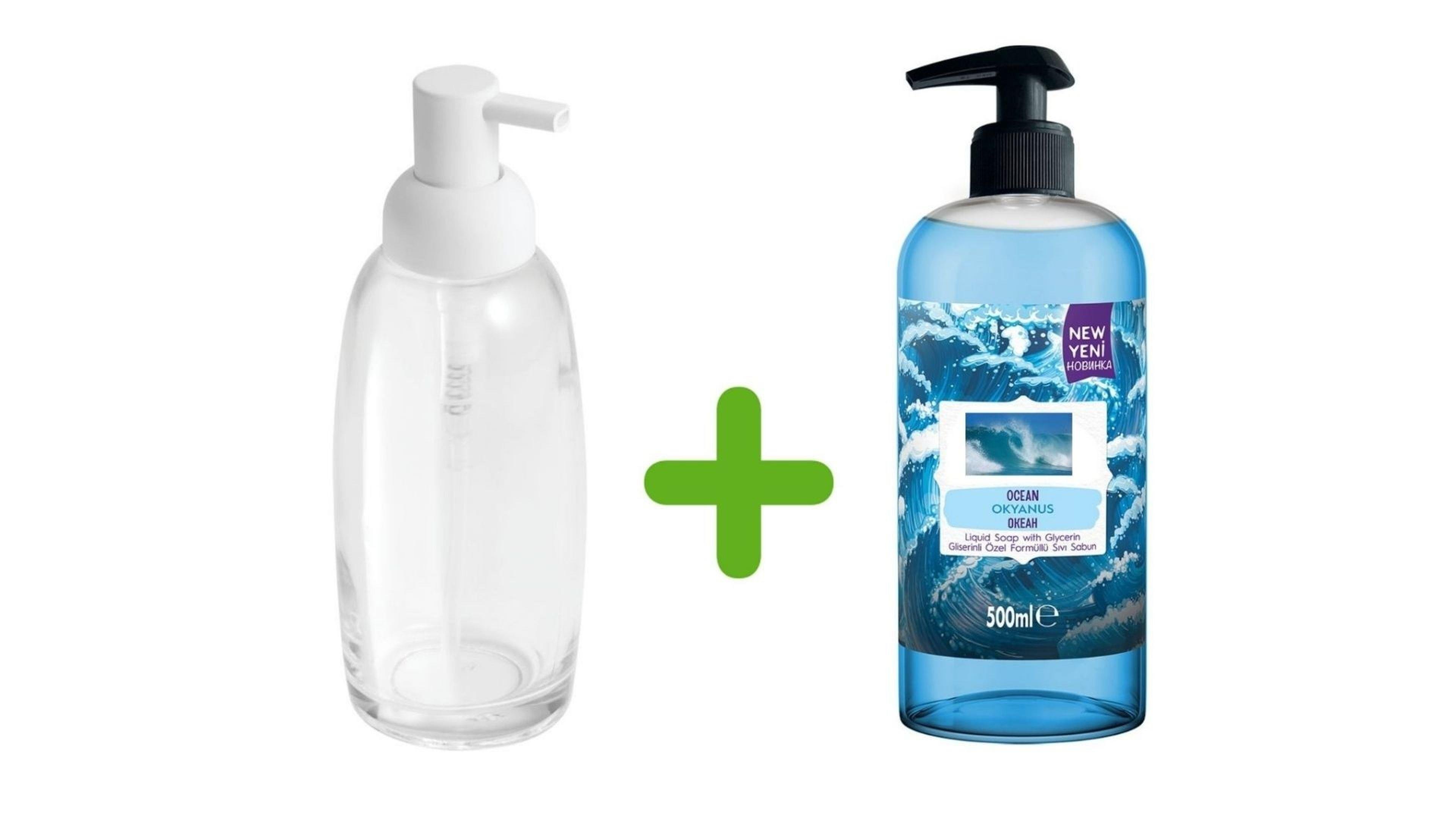 Beyaz Cam Sıvı Sabunluk Ve 1 Adet 500 Ml Sıvı Sabun Okyanus Kokulu