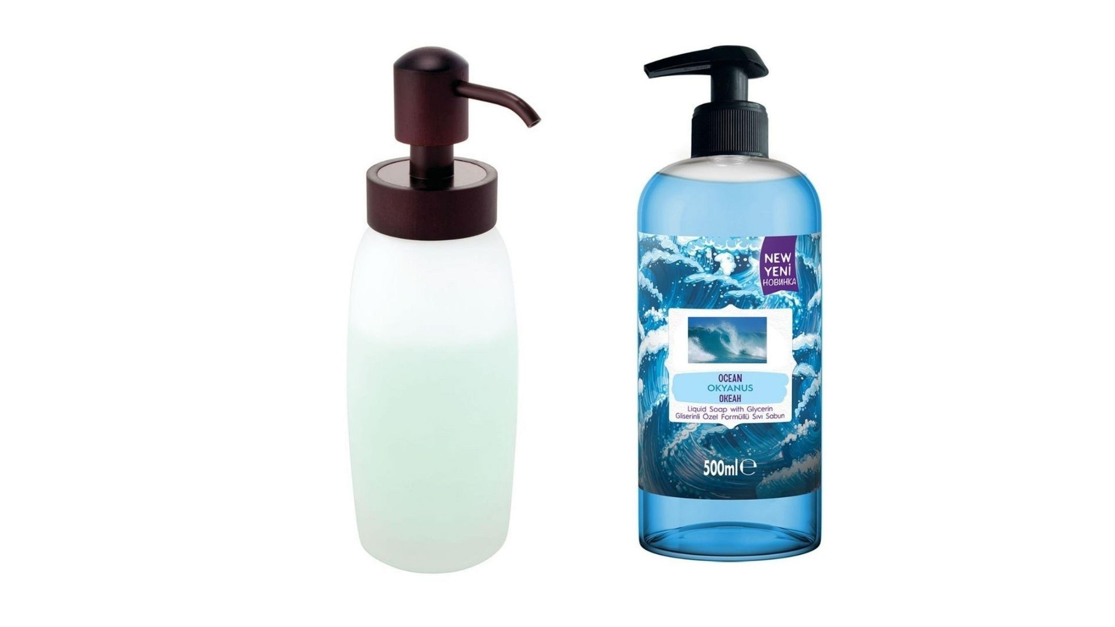 Buz Desenli Cam Sıvı Sabunluk Ve 1 Adet 400 ml Sıvı Sabun Okyanus Kokulu