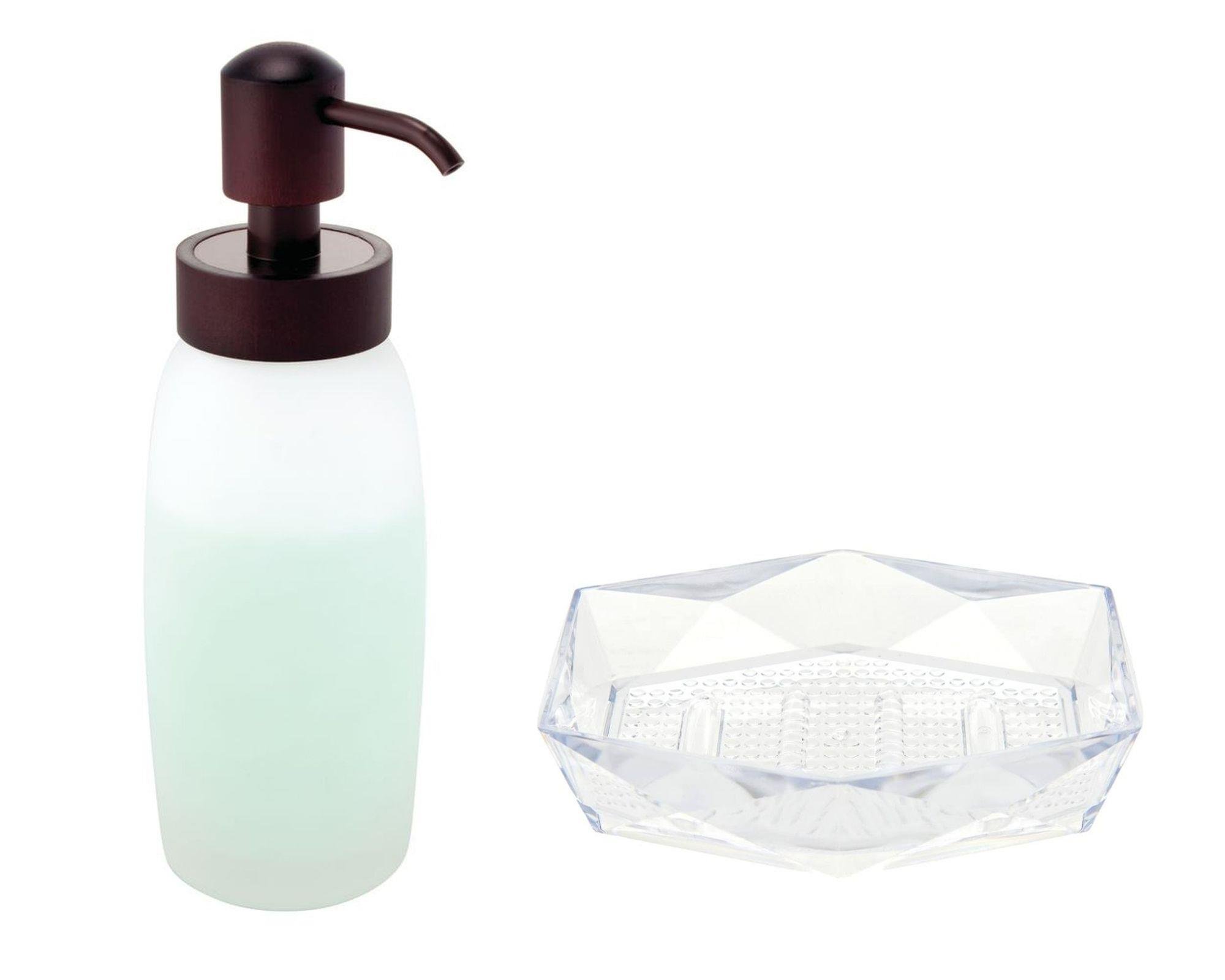 Buz Desenli Cam Sıvı Sabunluk Ve Akrilik Sabunluk 2 Li Banyo Seti