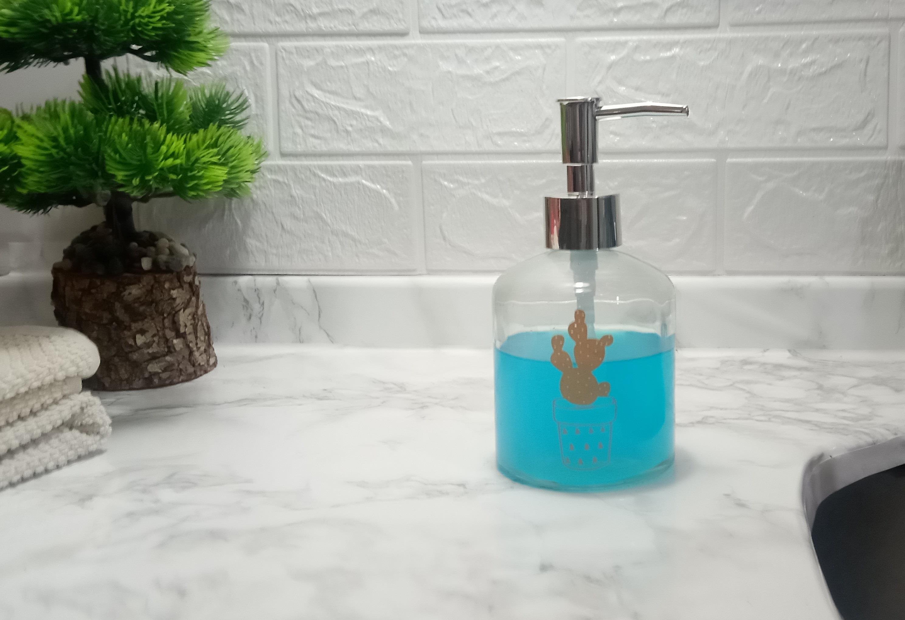 Cam Sıvı Sabunluk Altın İşlemeli,Kaktüs 2 Desen 300ml 7,6x15,5cm