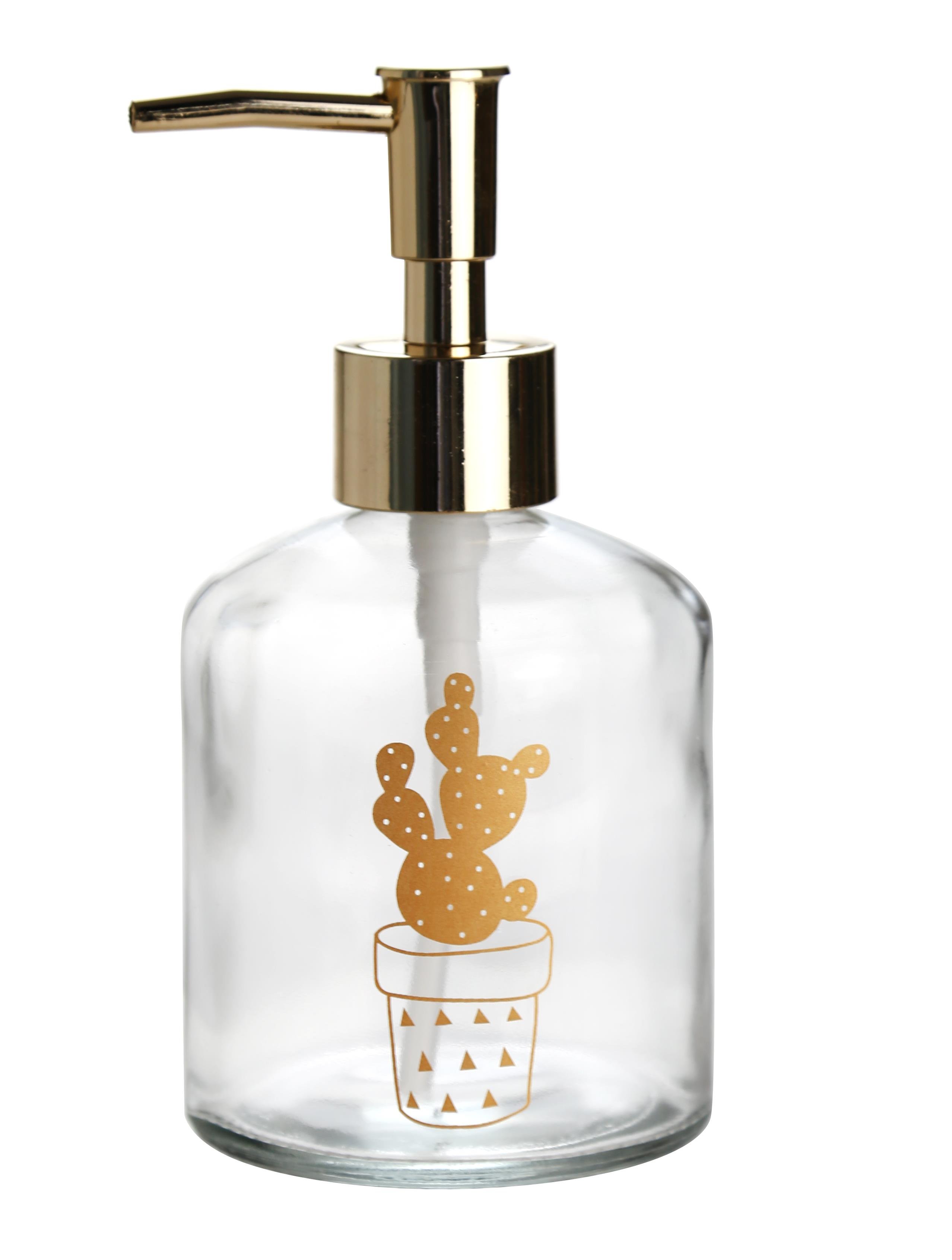 Cam Sıvı Sabunluk Altın İşlemeli,Kaktüs 2 Desen 300ml 7,6x15,5cm