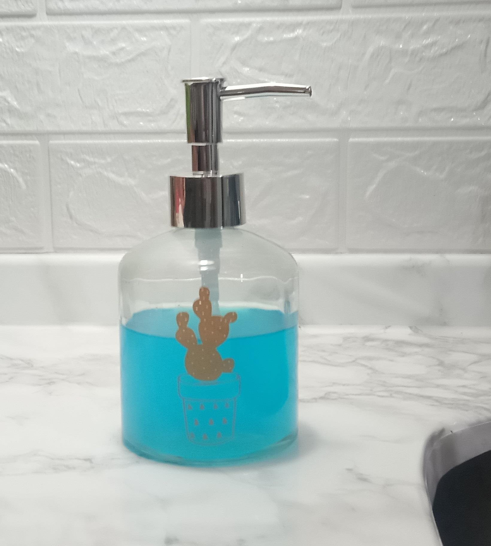 Cam Sıvı Sabunluk Altın İşlemeli,Kaktüs 2 Desen 300ml 7,6x15,5cm