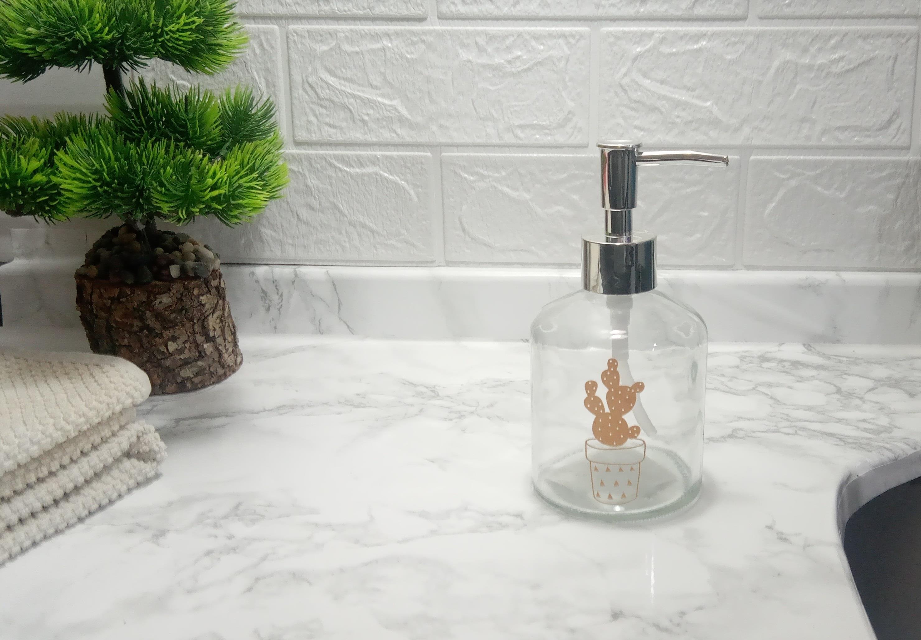 Cam Sıvı Sabunluk Altın İşlemeli,Kaktüs 2 Desen 300ml 7,6x15,5cm