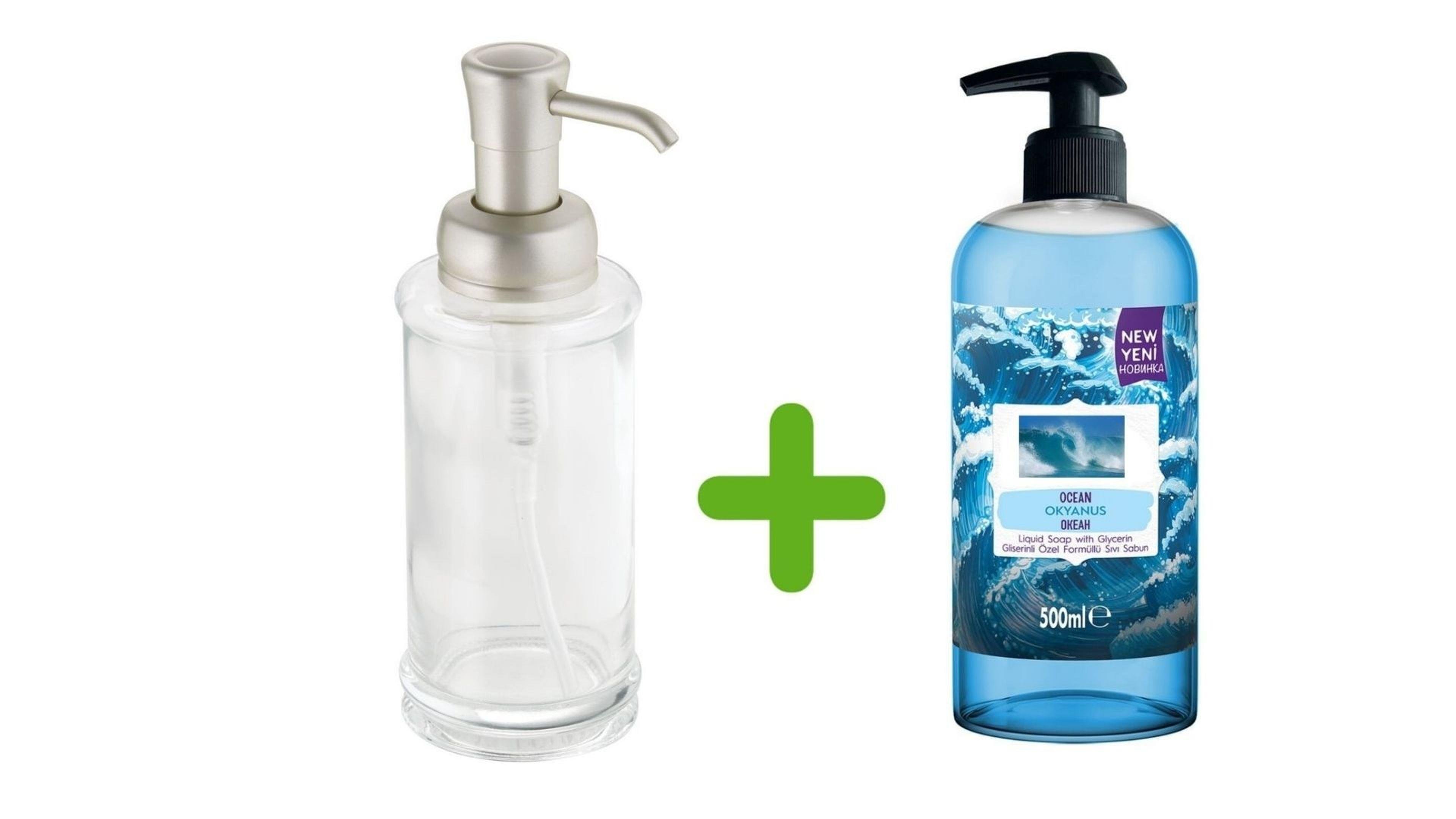 Cam Sıvı Sabunluk Ve 1 Adet 500 Ml Sıvı Sabun Okyanus Kokulu