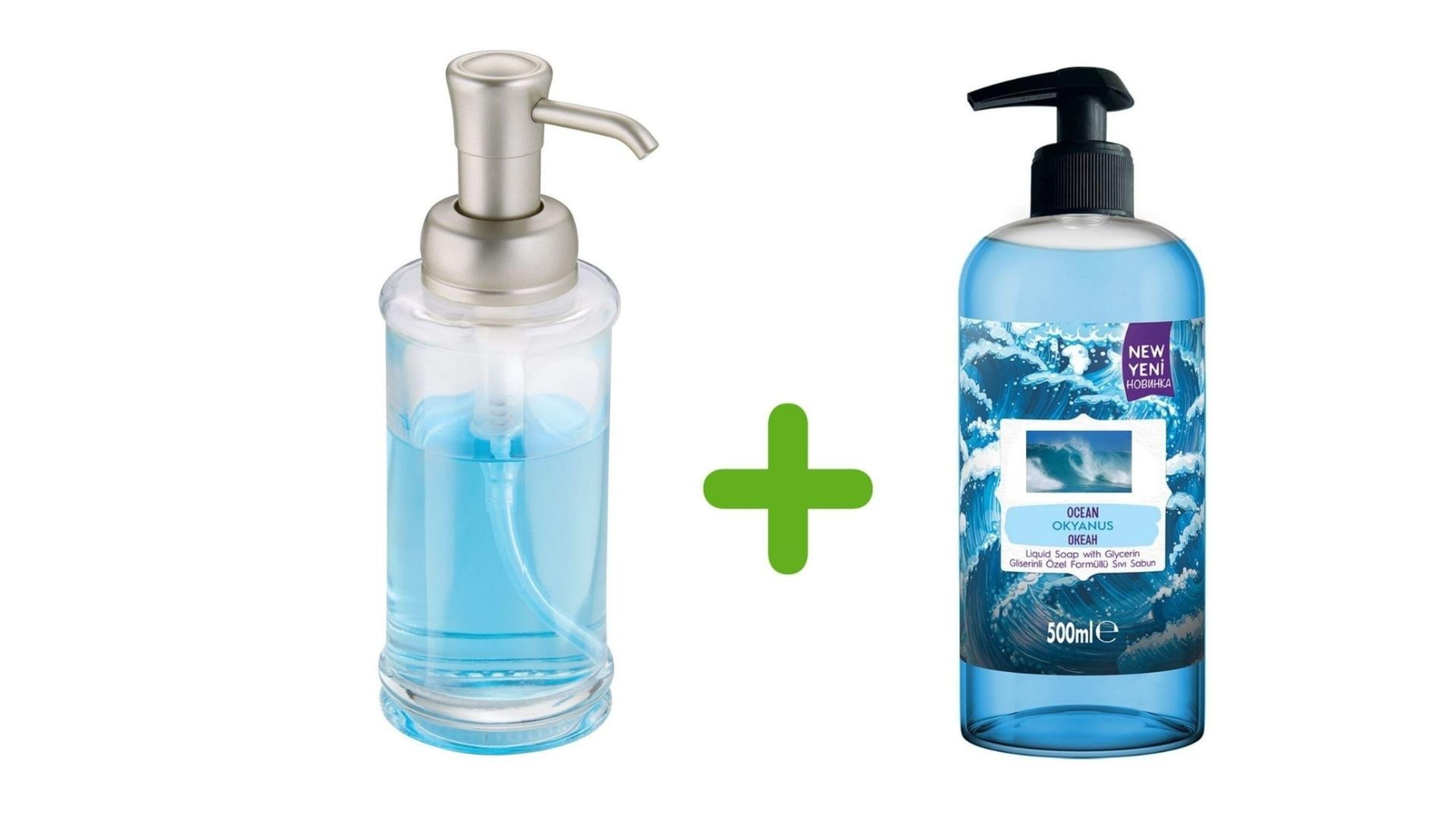 Cam Sıvı Sabunluk Ve 1 Adet 500 Ml Sıvı Sabun Okyanus Kokulu
